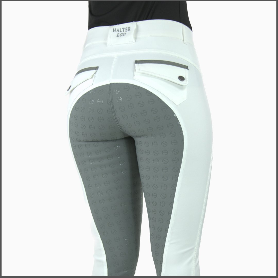 Halter Ego Megan Full Seat Competition Breeches - White with Grey Seat - Halter Ego® - Equiluxe Tack