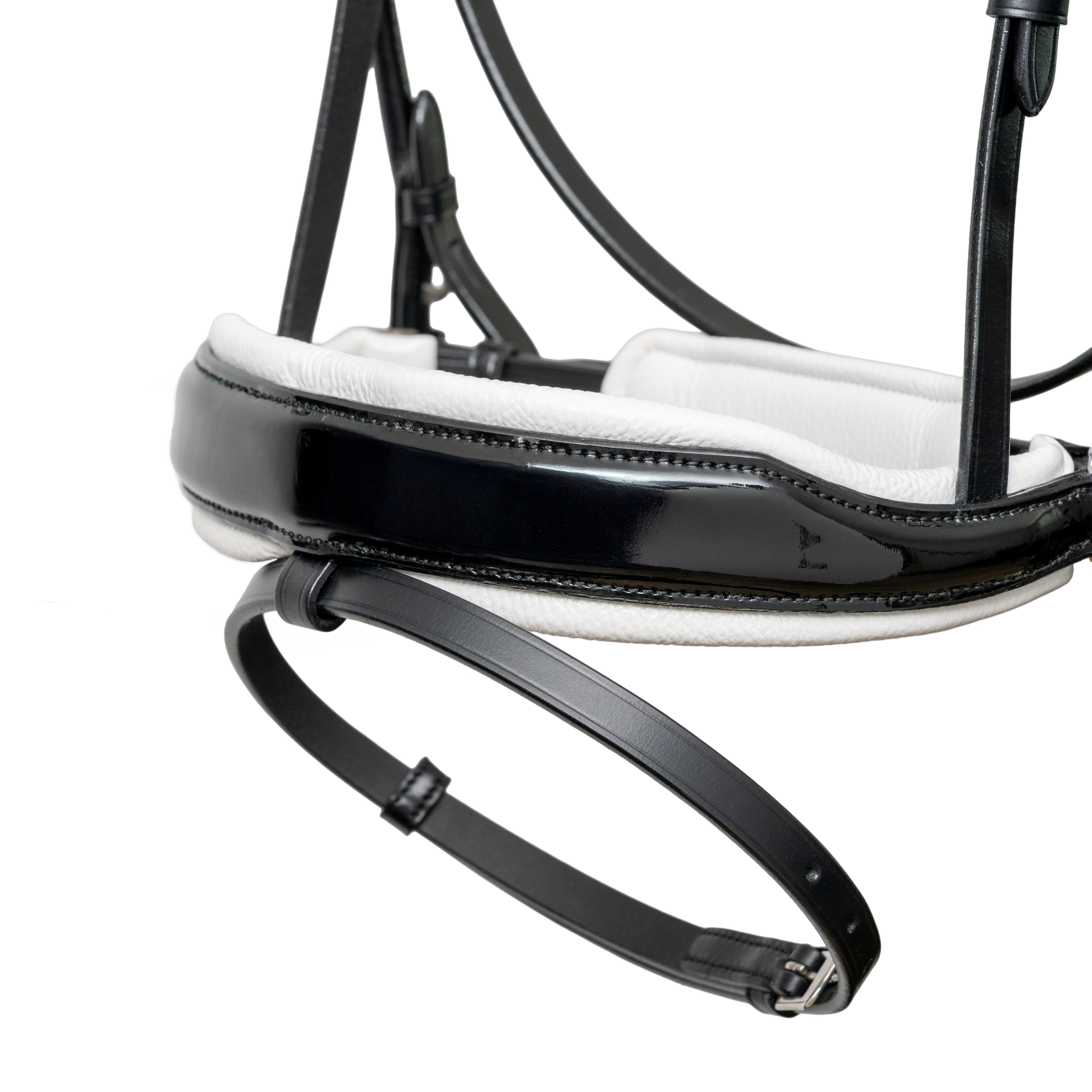Halter Ego Mont Blanc Black Patent Leather Snaffle Bridle With White Padding & Removable Flash - Equiluxe Tack