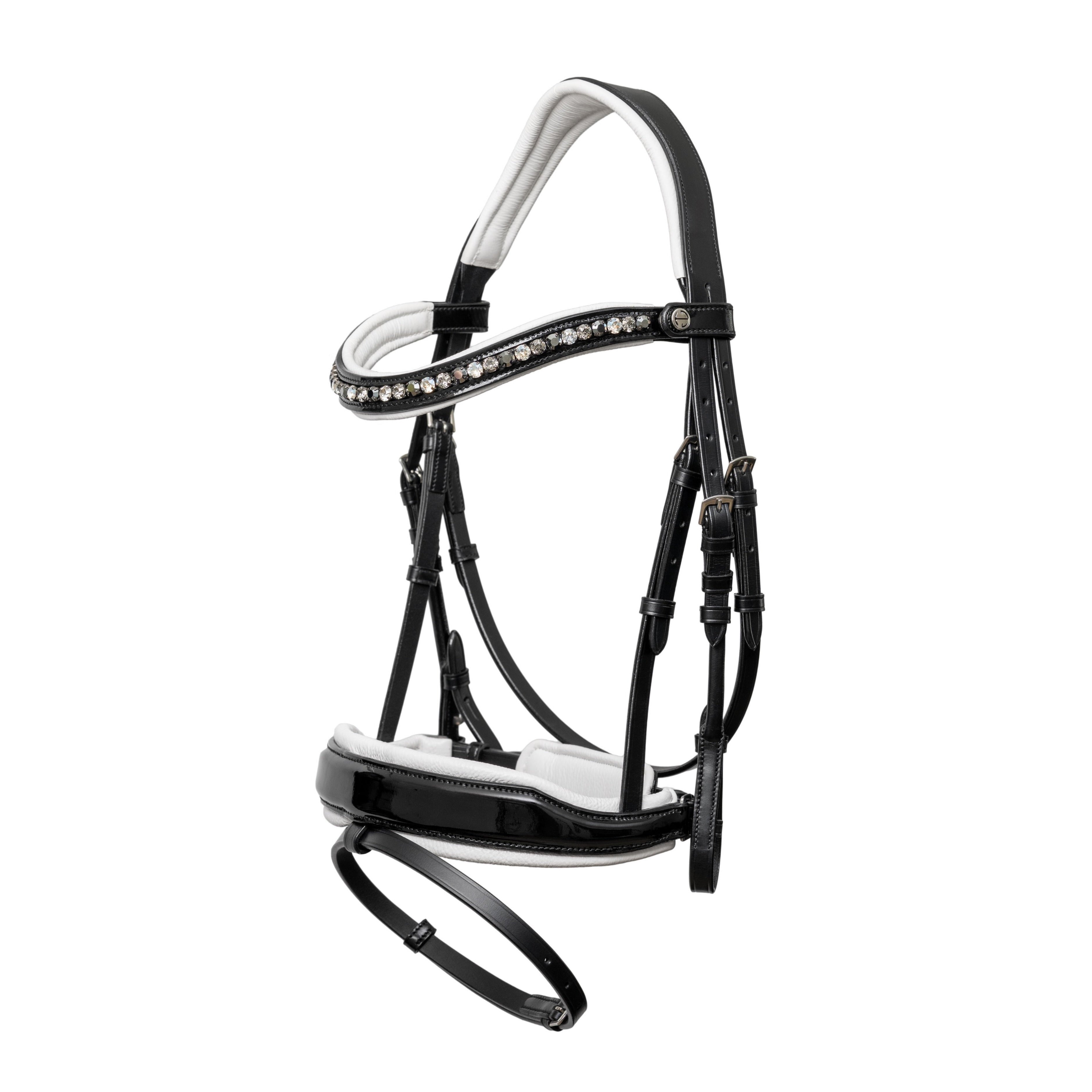 Halter Ego Mont Blanc Black Patent Leather Snaffle Bridle With White Padding & Removable Flash - Equiluxe Tack