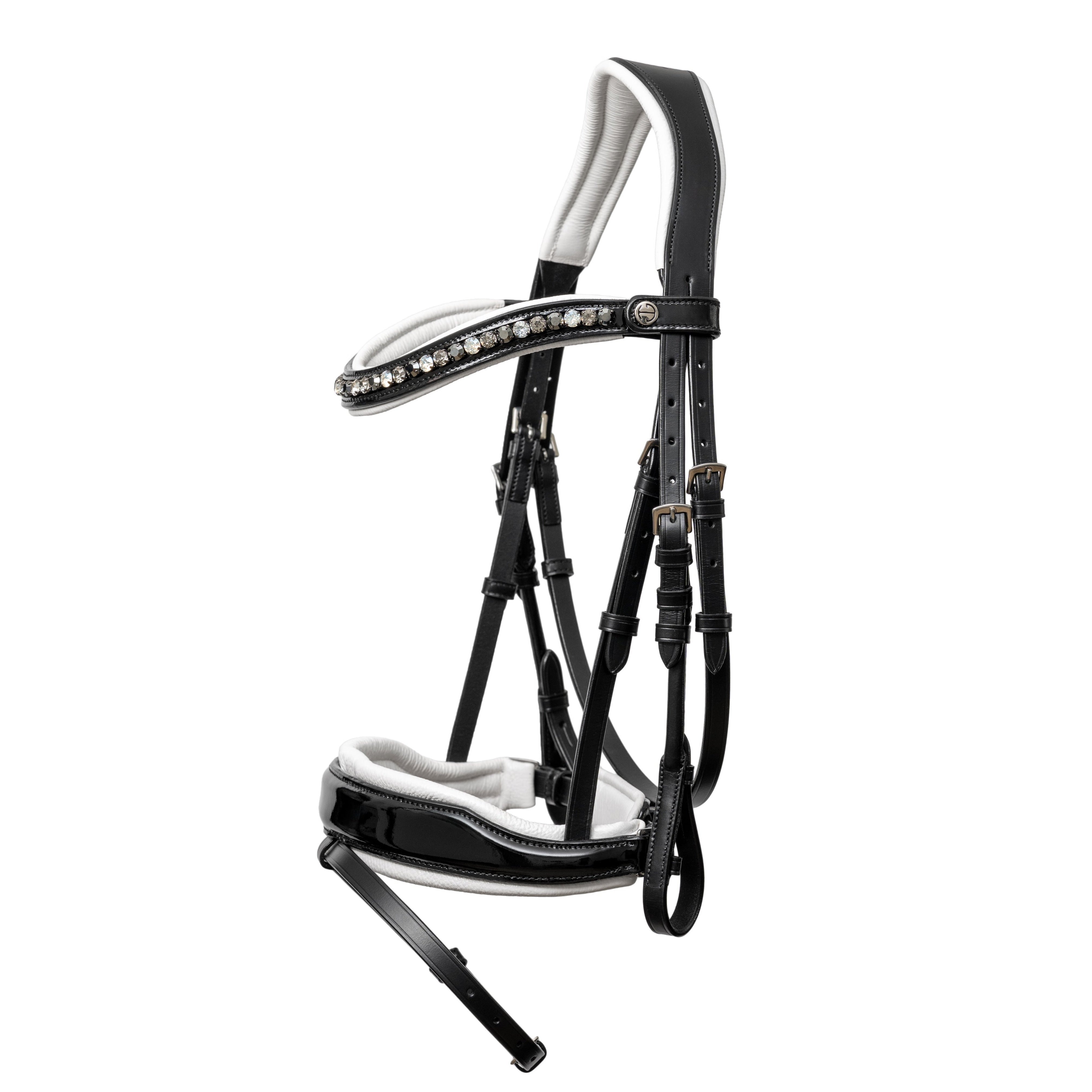 Halter Ego Mont Blanc Black Patent Leather Snaffle Bridle With White Padding & Removable Flash - Equiluxe Tack