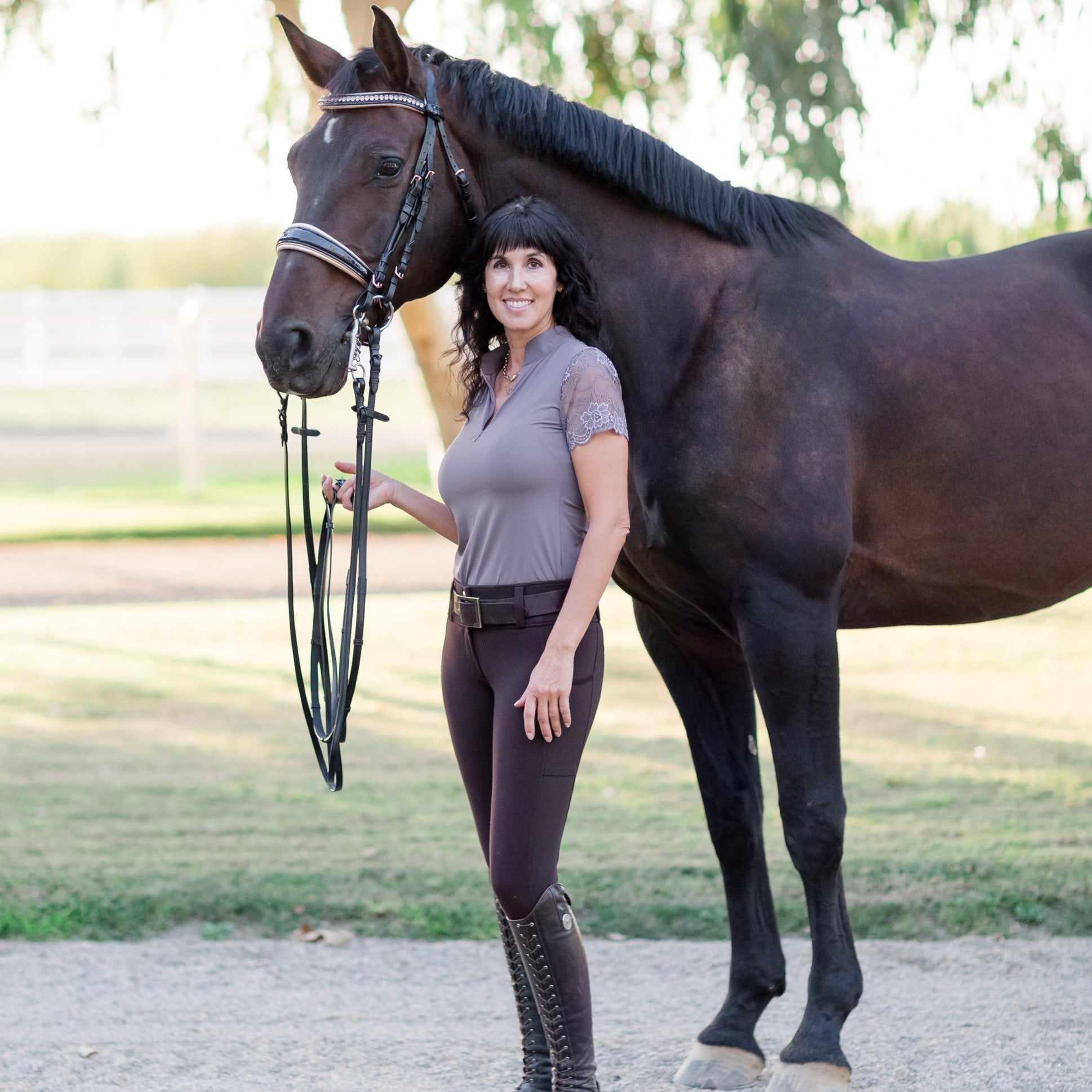 Halter Ego Tara Short Sleeve Lace Competition Shirt - Taupe - Halter Ego® - Equiluxe Tack