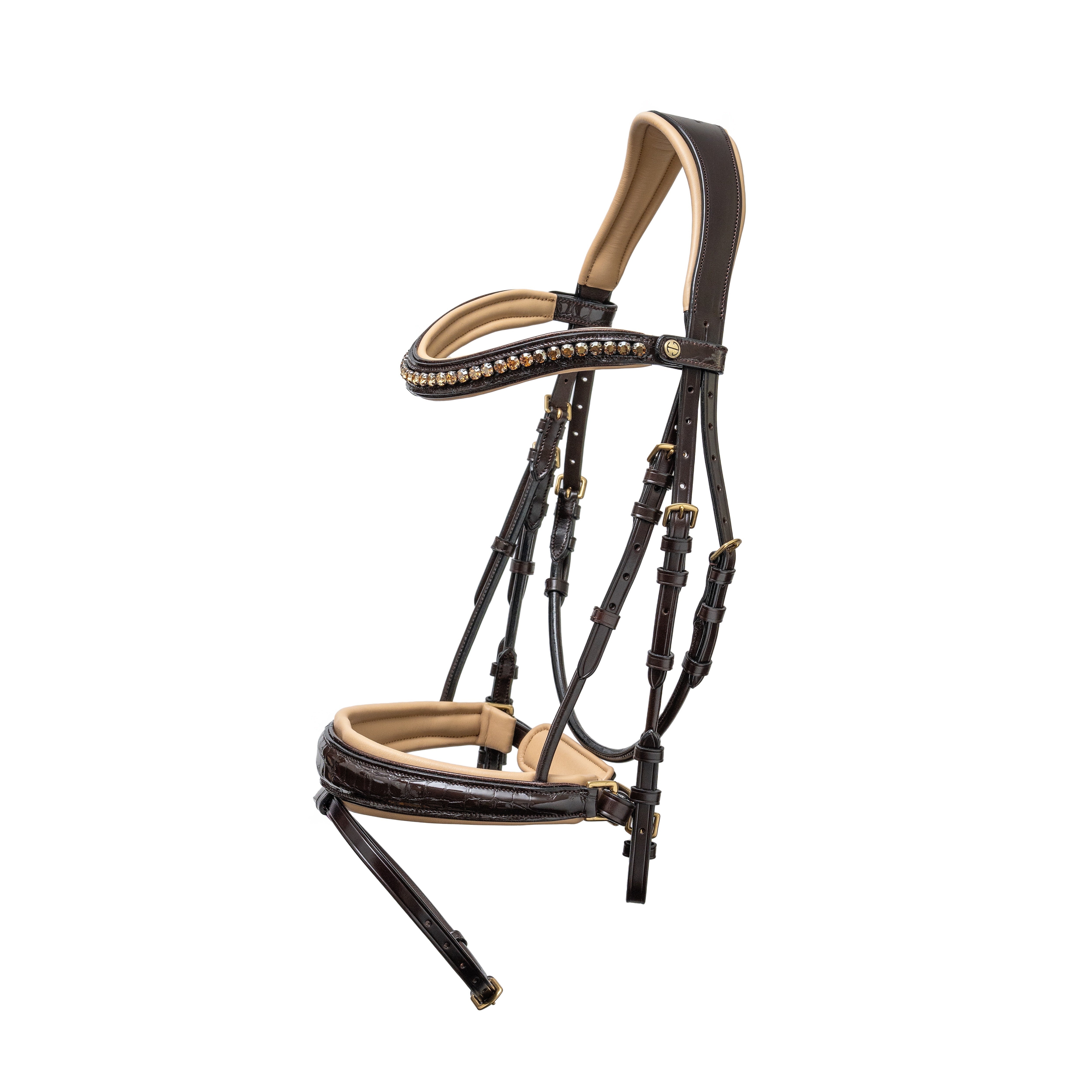 Halter Ego The Vienna Brown Patent Leather Snaffle Bridle with Bronze Golden Sparkle Piping - Equiluxe Tack