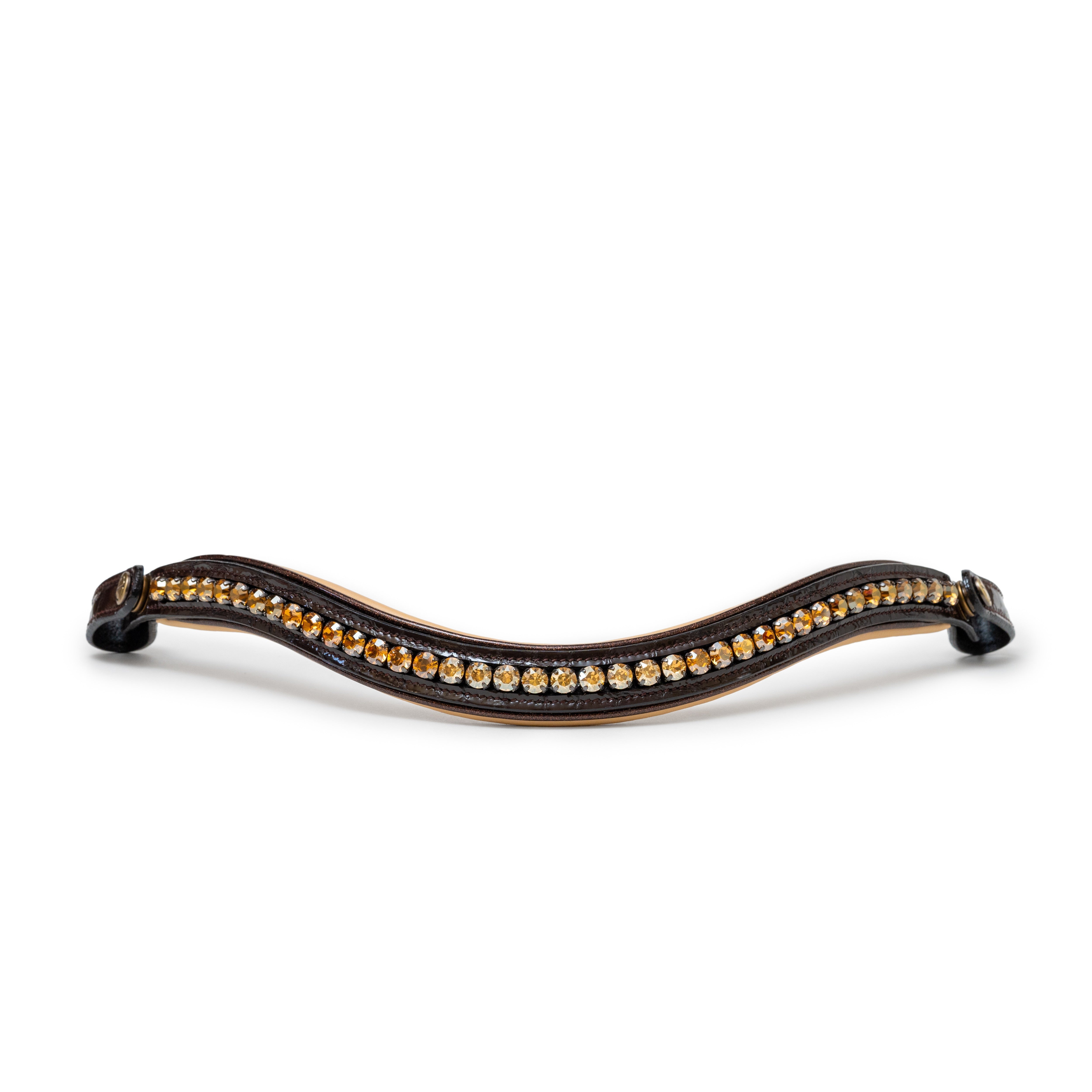 Halter Ego The Vienna Brown Patent Leather Snaffle Bridle with Bronze Golden Sparkle Piping - Equiluxe Tack
