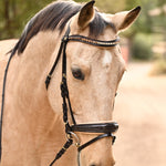 Halter Ego The Vienna Brown Patent Leather Snaffle Bridle with Bronze Golden Sparkle Piping - Equiluxe Tack