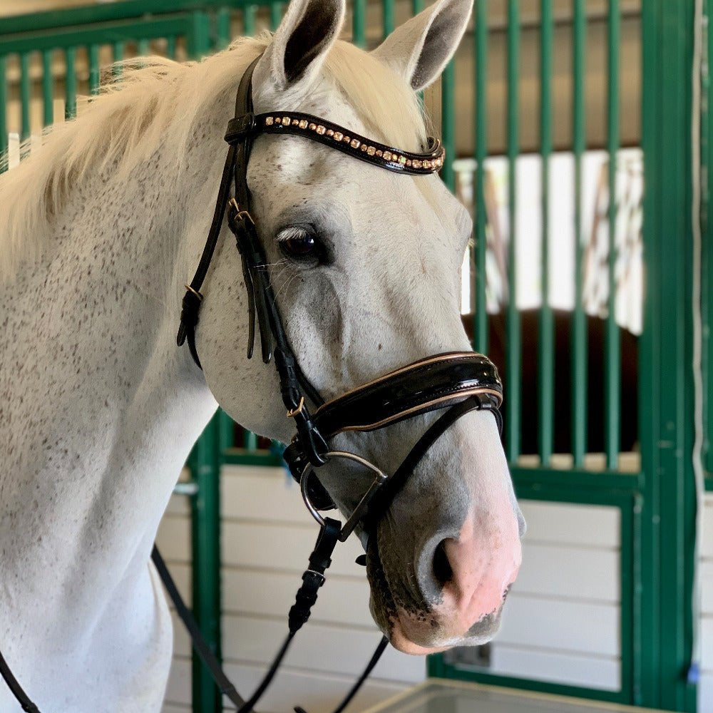 Halter Ego Ultimate Rose Gold Black Patent Snaffle Bridle - Halter Ego® - Equiluxe Tack