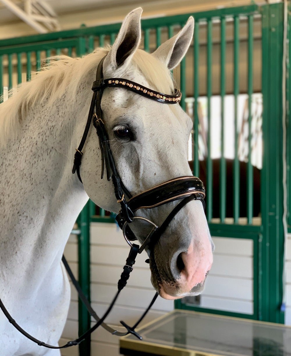 Halter Ego Ultimate Rose Gold Black Patent Snaffle Bridle - Halter Ego® - Equiluxe Tack