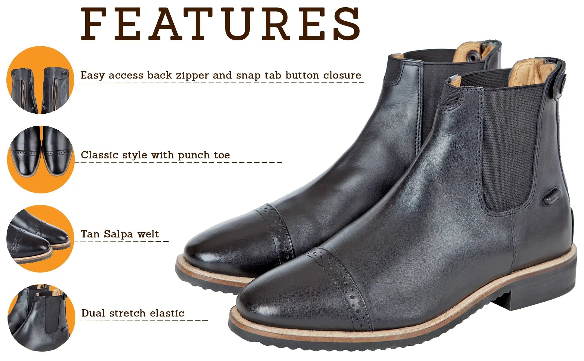 Huntley Equestrian Adult Classic Black Leather Zipper Paddock Boot - Equiluxe Tack