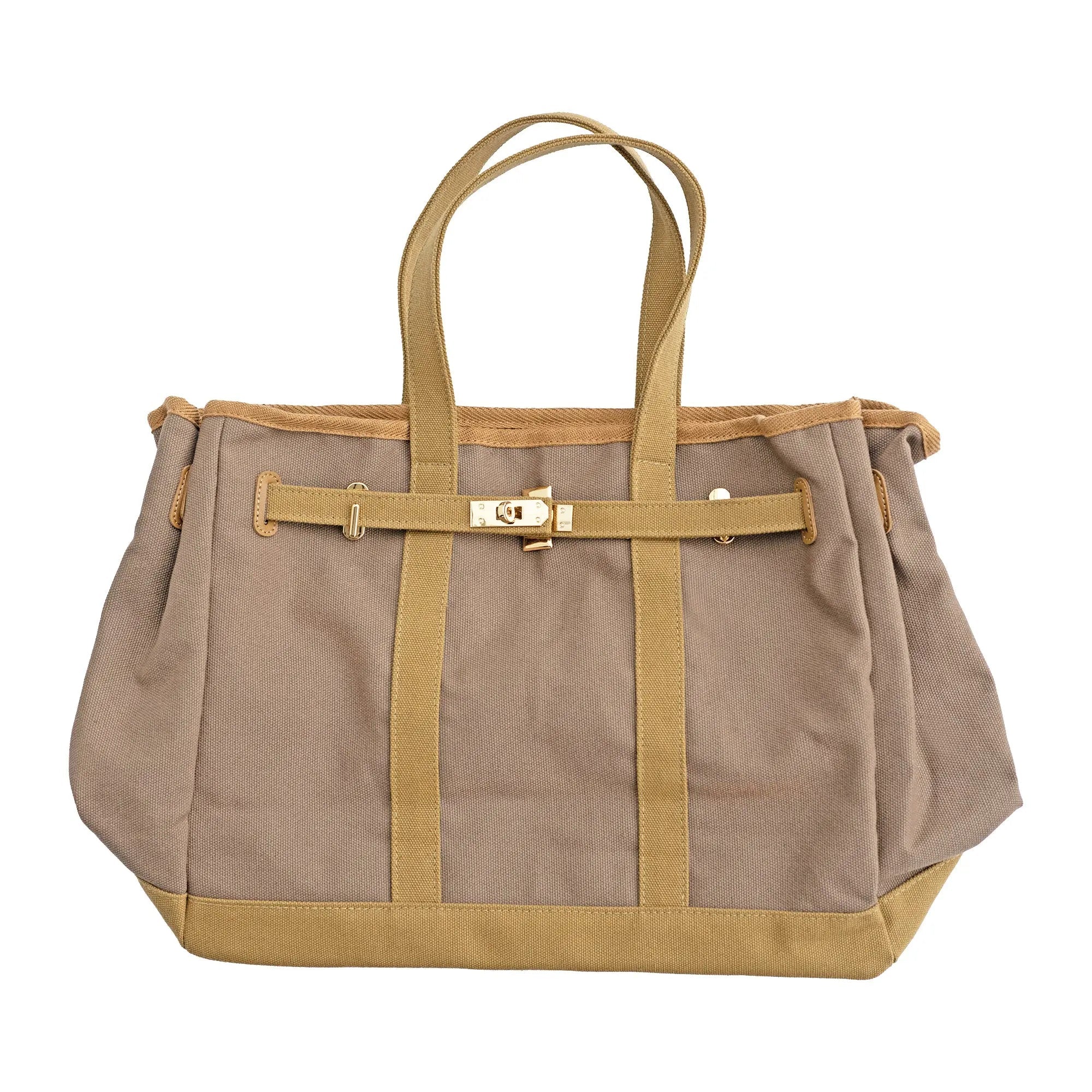 Huntley Equestrian Barnkin Brown and Tan Two-Tone Canvas Tote Bag with Gold Hardware - Equiluxe Tack