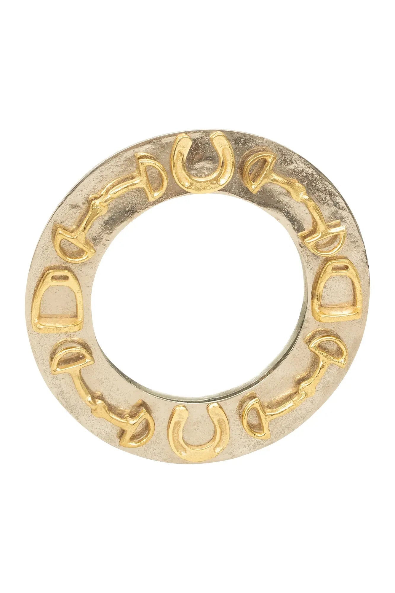 Huntley Equestrian Decorative Round Mirror with Horse shoes, Stirrups, and Bits, Gold - Equiluxe Tack