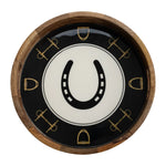 Huntley Equestrian Horsehoe and Bit Round Wooden Tray-Black and Gold Equestrian Home Decor - Equiluxe Tack