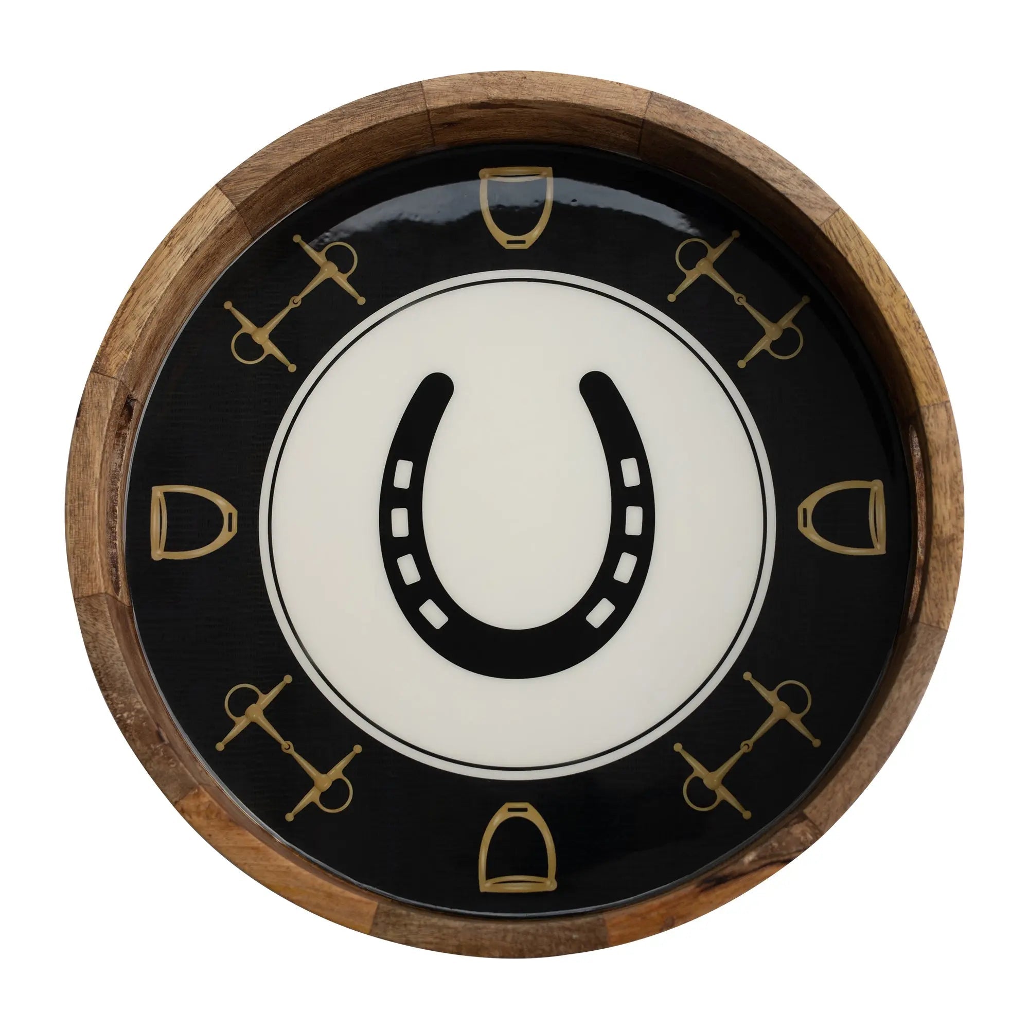 Huntley Equestrian Horsehoe and Bit Round Wooden Tray-Black and Gold Equestrian Home Decor - Equiluxe Tack