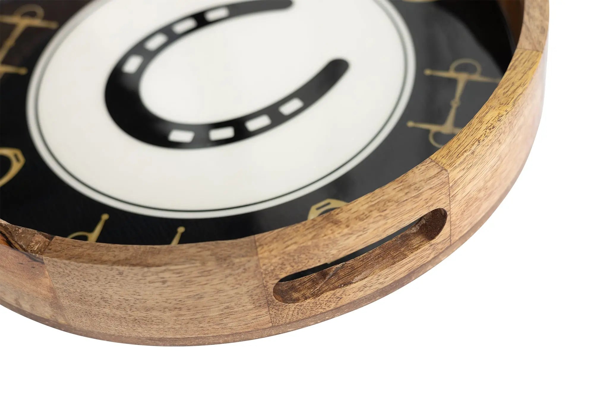 Huntley Equestrian Horsehoe and Bit Round Wooden Tray-Black and Gold Equestrian Home Decor - Equiluxe Tack