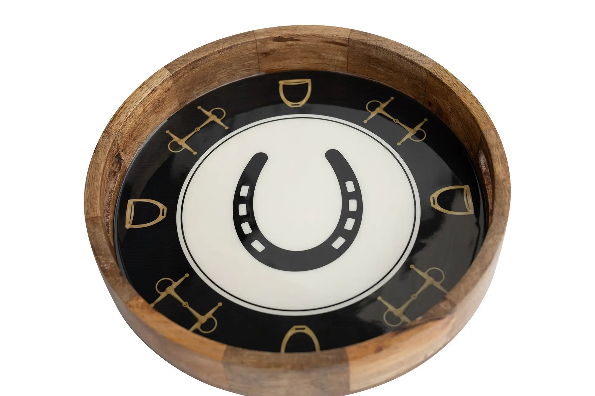 Huntley Equestrian Horsehoe and Bit Round Wooden Tray-Black and Gold Equestrian Home Decor - Equiluxe Tack