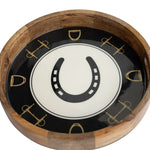 Huntley Equestrian Horsehoe and Bit Round Wooden Tray-Black and Gold Equestrian Home Decor - Equiluxe Tack