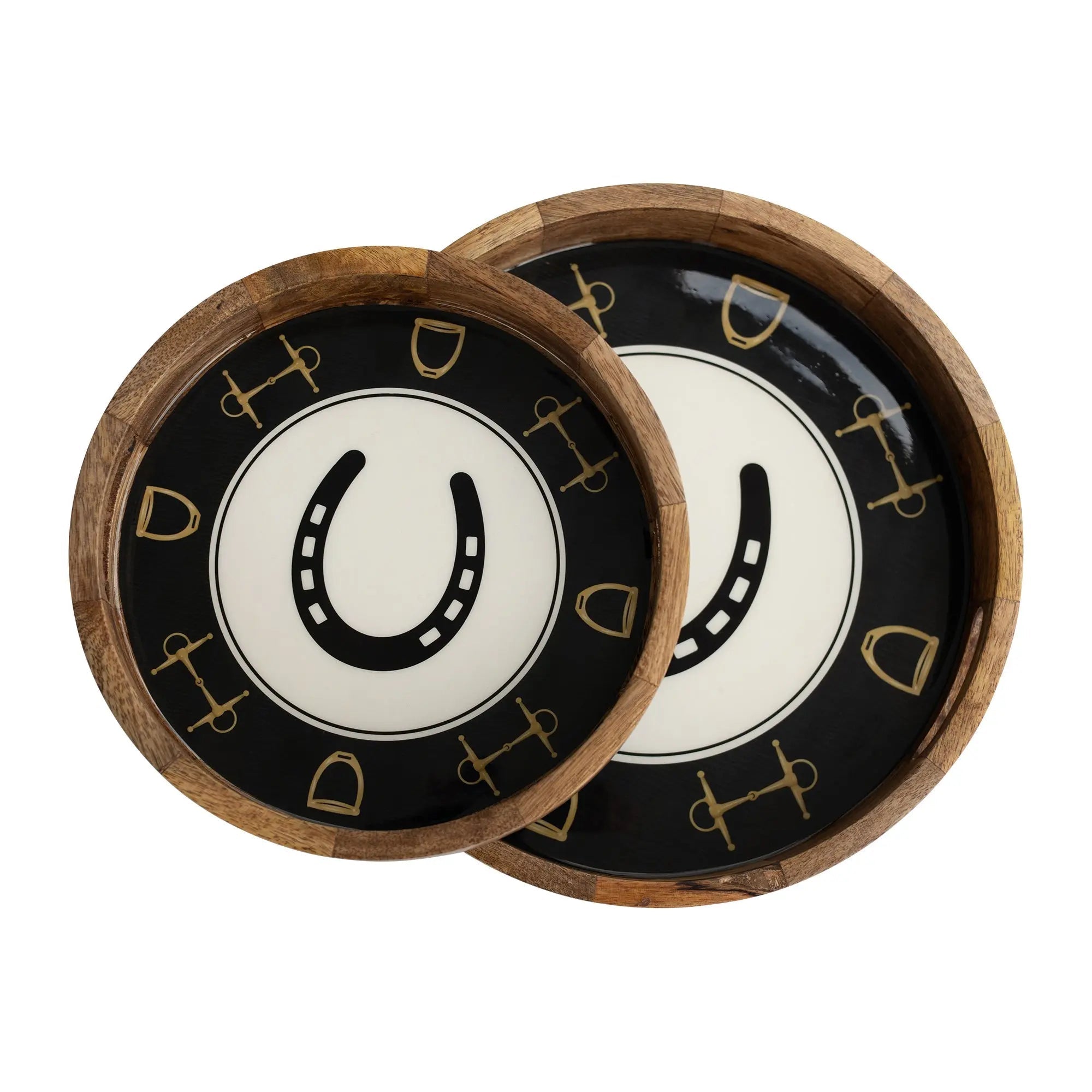 Huntley Equestrian Horsehoe and Bit Round Wooden Tray-Black and Gold Equestrian Home Decor - Equiluxe Tack