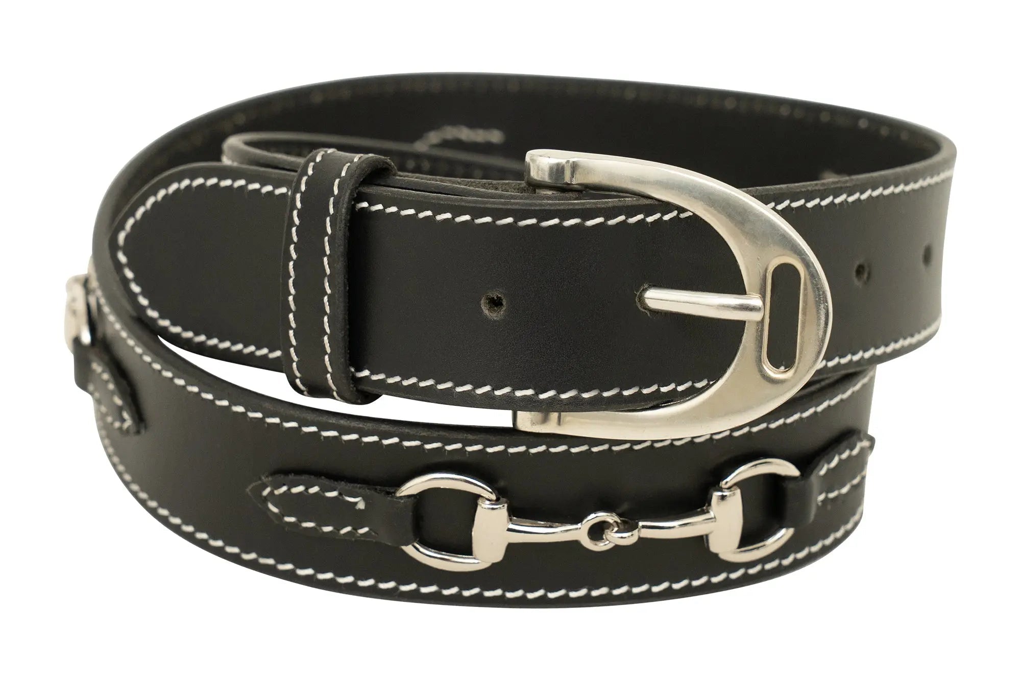 Huntley Equestrian Ladies Stirrup Buckle, Snaffle Bit, 1.5" Inch Width Leather Belt, Black - Equiluxe Tack