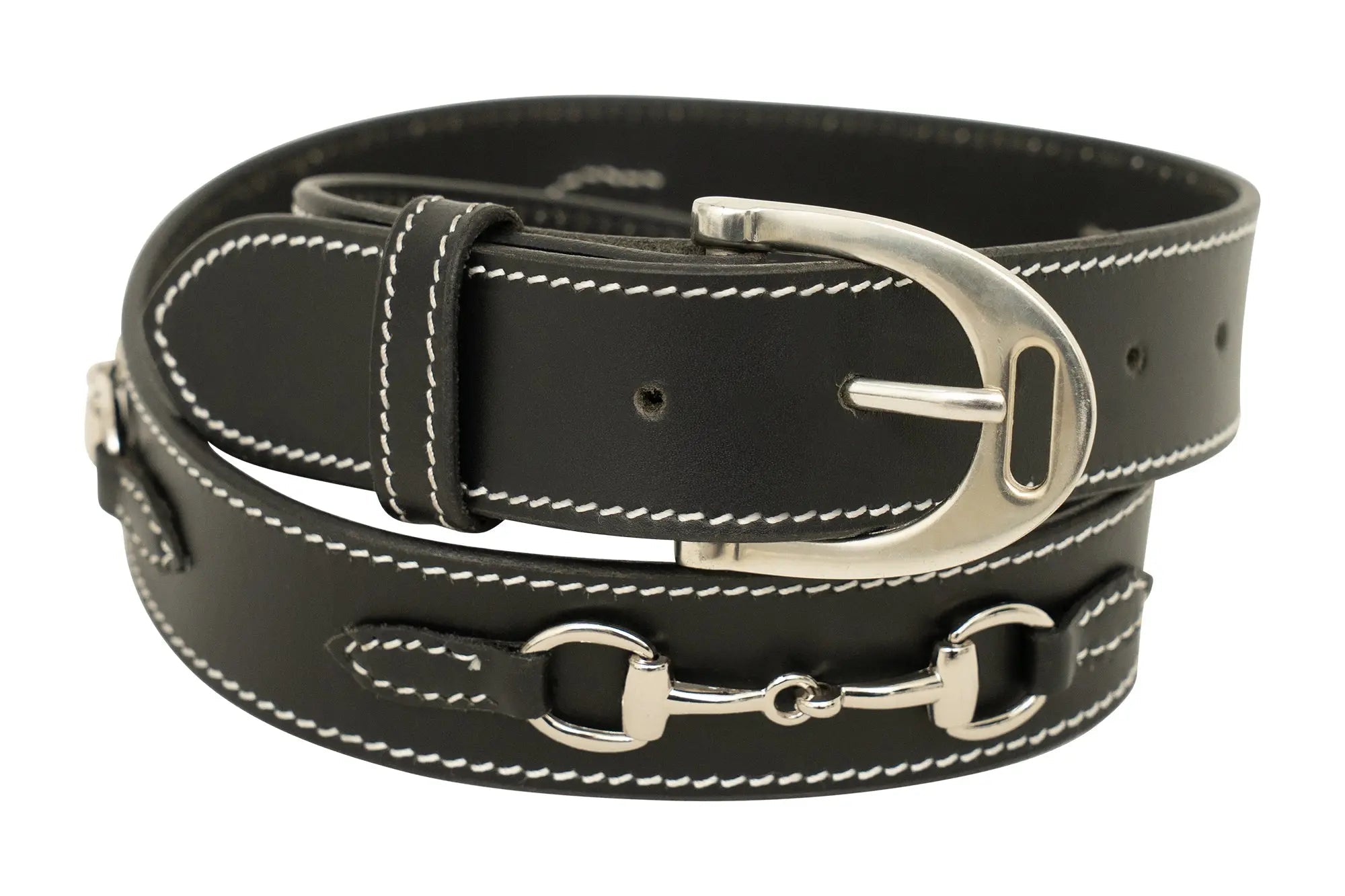 Huntley Equestrian Ladies Stirrup Buckle, Snaffle Bit, 1.5" Inch Width Leather Belt, Black - Equiluxe Tack