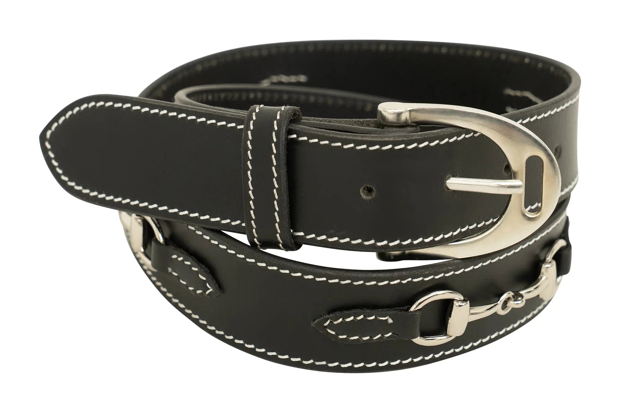 Huntley Equestrian Ladies Stirrup Buckle, Snaffle Bit, 1.5" Inch Width Leather Belt, Black - Equiluxe Tack