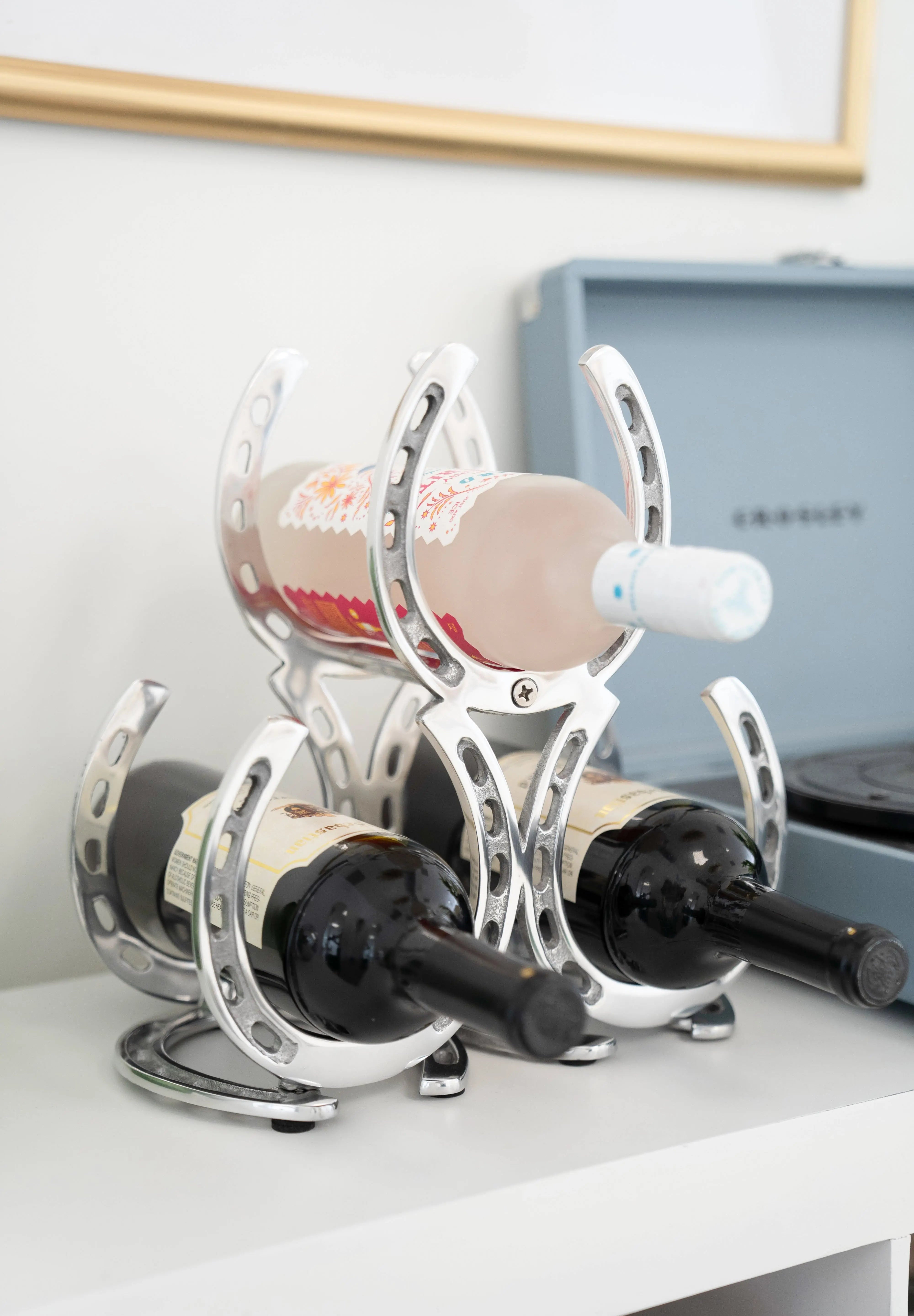 Huntley Horseshoe 3-Bottle Wine Rack, Aluminum Silver Finish - Equiluxe Tack