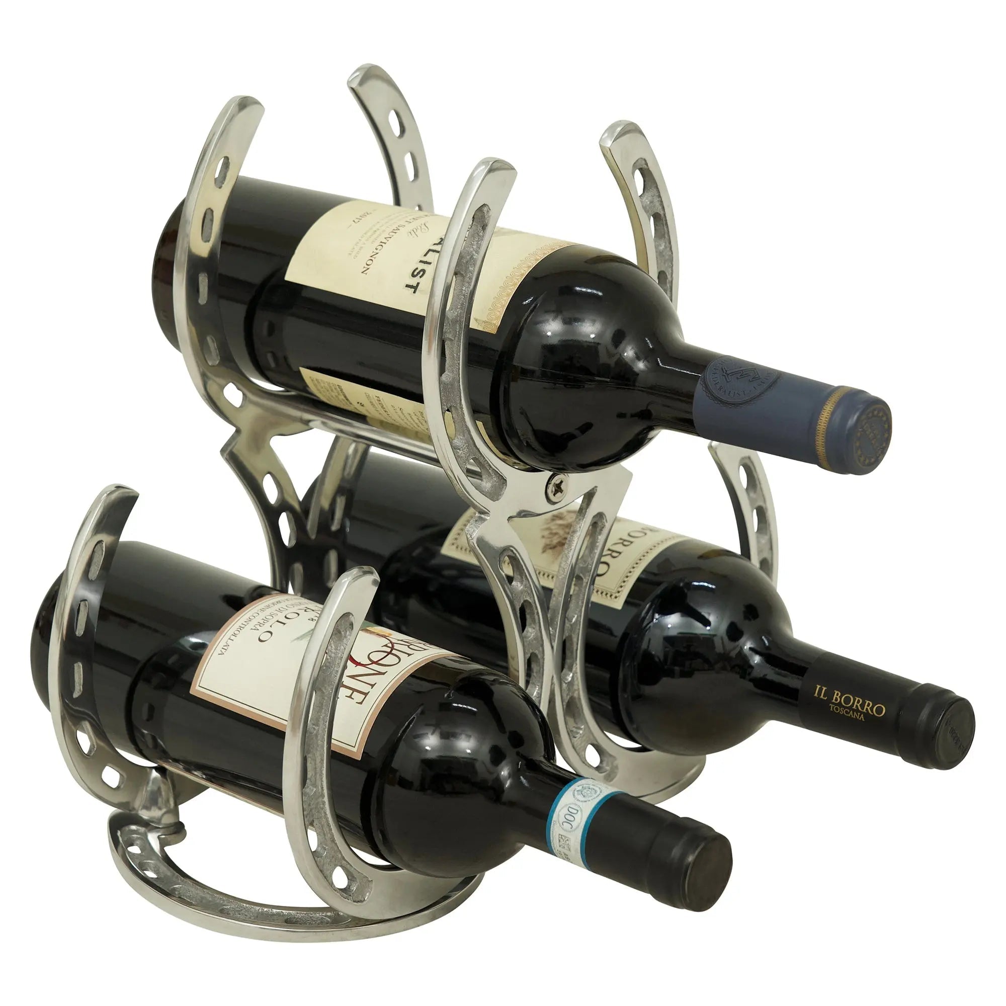 Huntley Horseshoe 3-Bottle Wine Rack, Aluminum Silver Finish - Equiluxe Tack