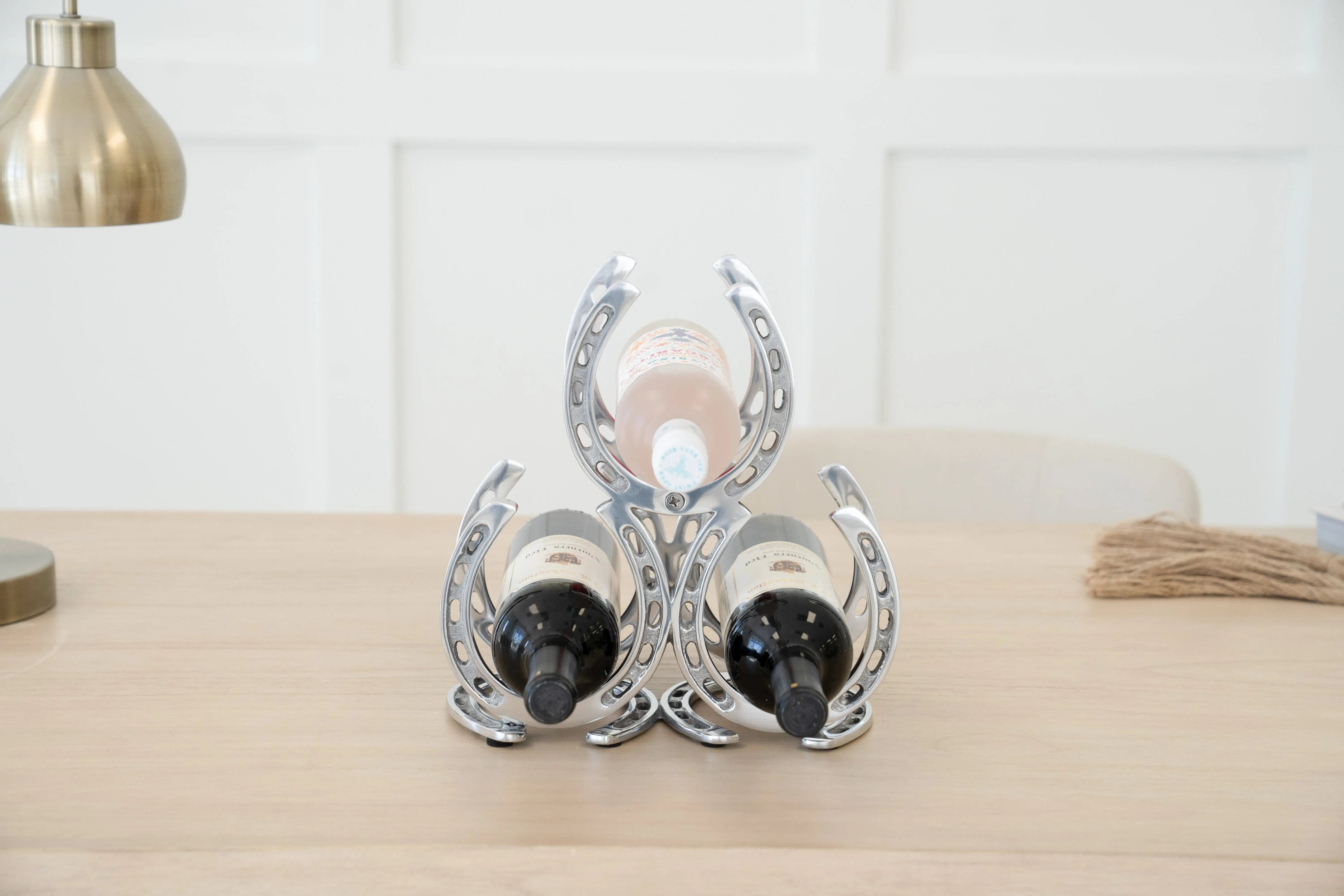 Huntley Horseshoe 3-Bottle Wine Rack, Aluminum Silver Finish - Equiluxe Tack