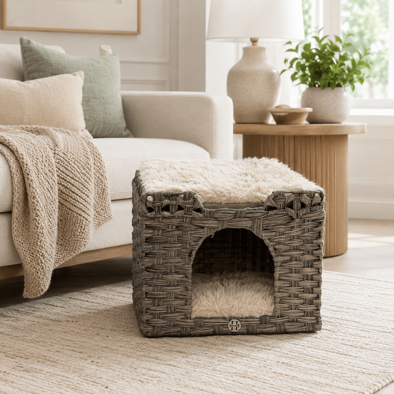Huntley Pet Cat House, 2 Cushion Bed, Gray - Equiluxe Tack