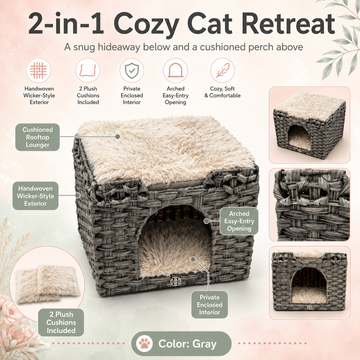 Huntley Pet Cat House, 2 Cushion Bed, Gray - Equiluxe Tack