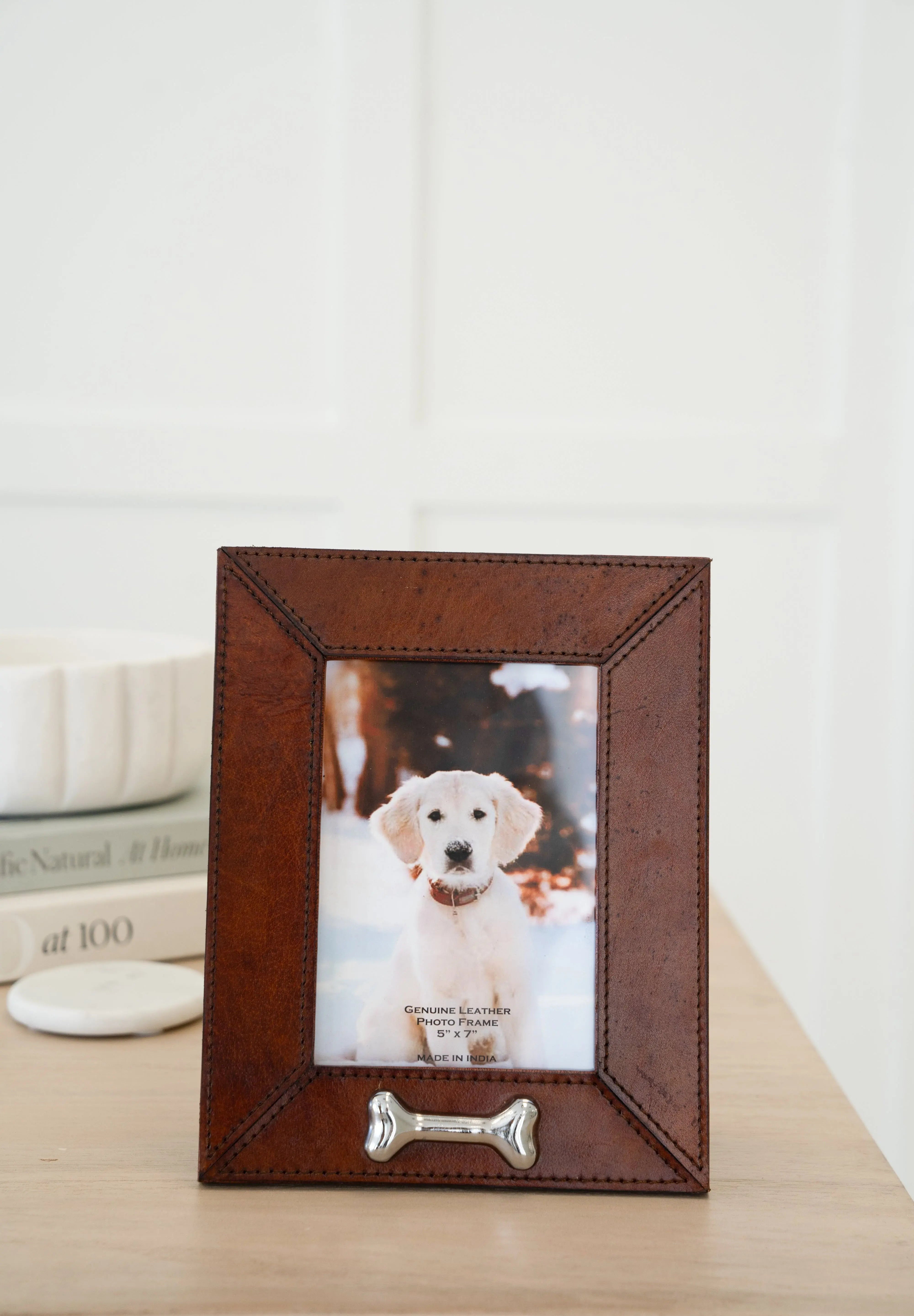 Huntley Pet Leather Picture Frame with Silver Bone Accent - Equiluxe Tack