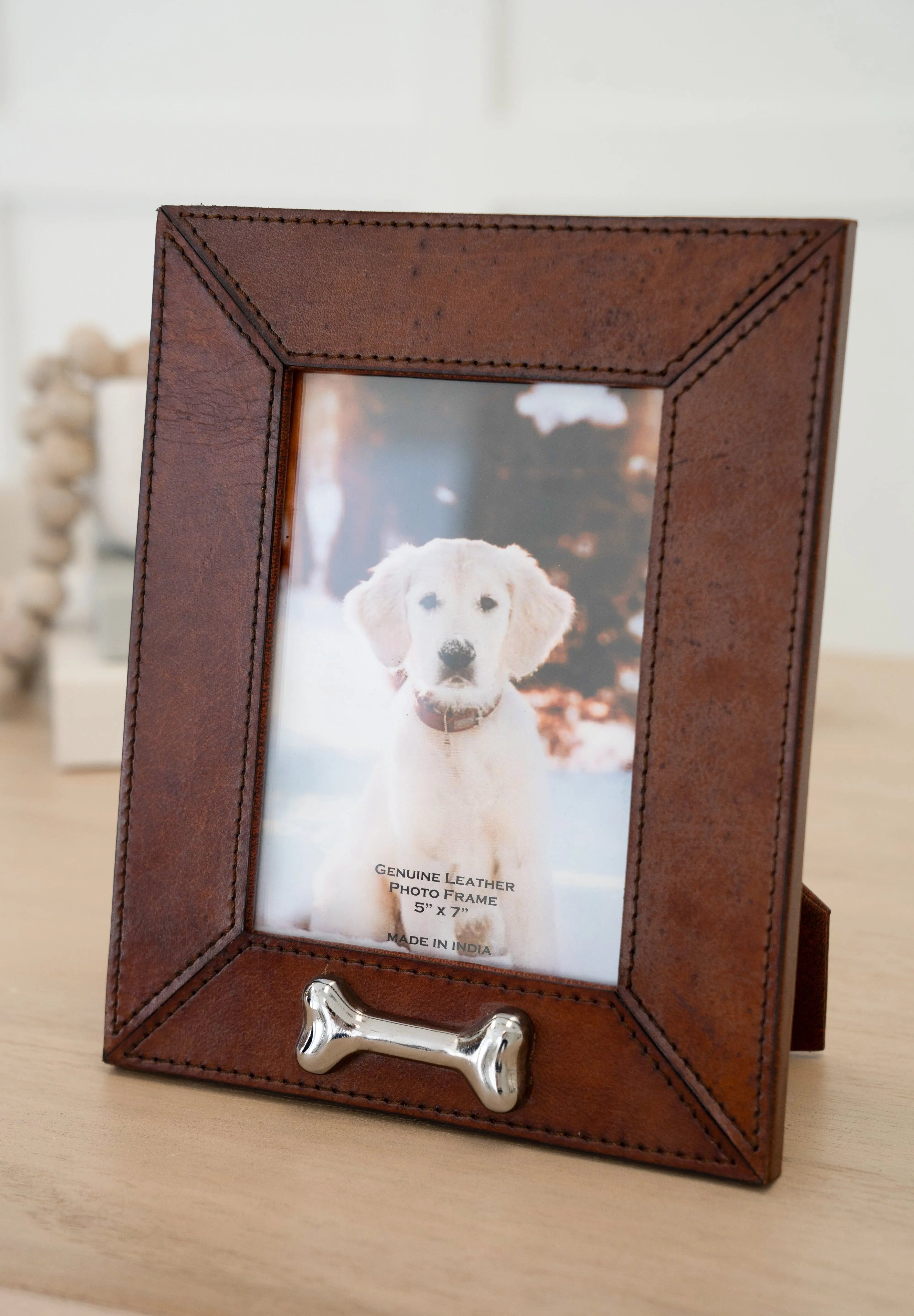 Huntley Pet Leather Picture Frame with Silver Bone Accent - Equiluxe Tack