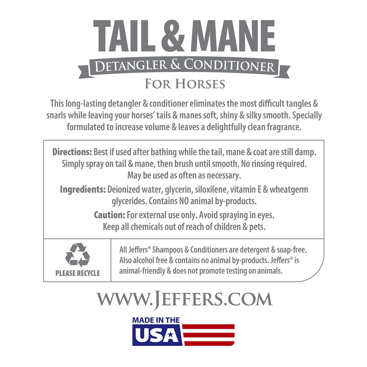 Jeffers Equine Tail & Mane Detangler and Conditioner for Horses - Jeffers - Equiluxe Tack
