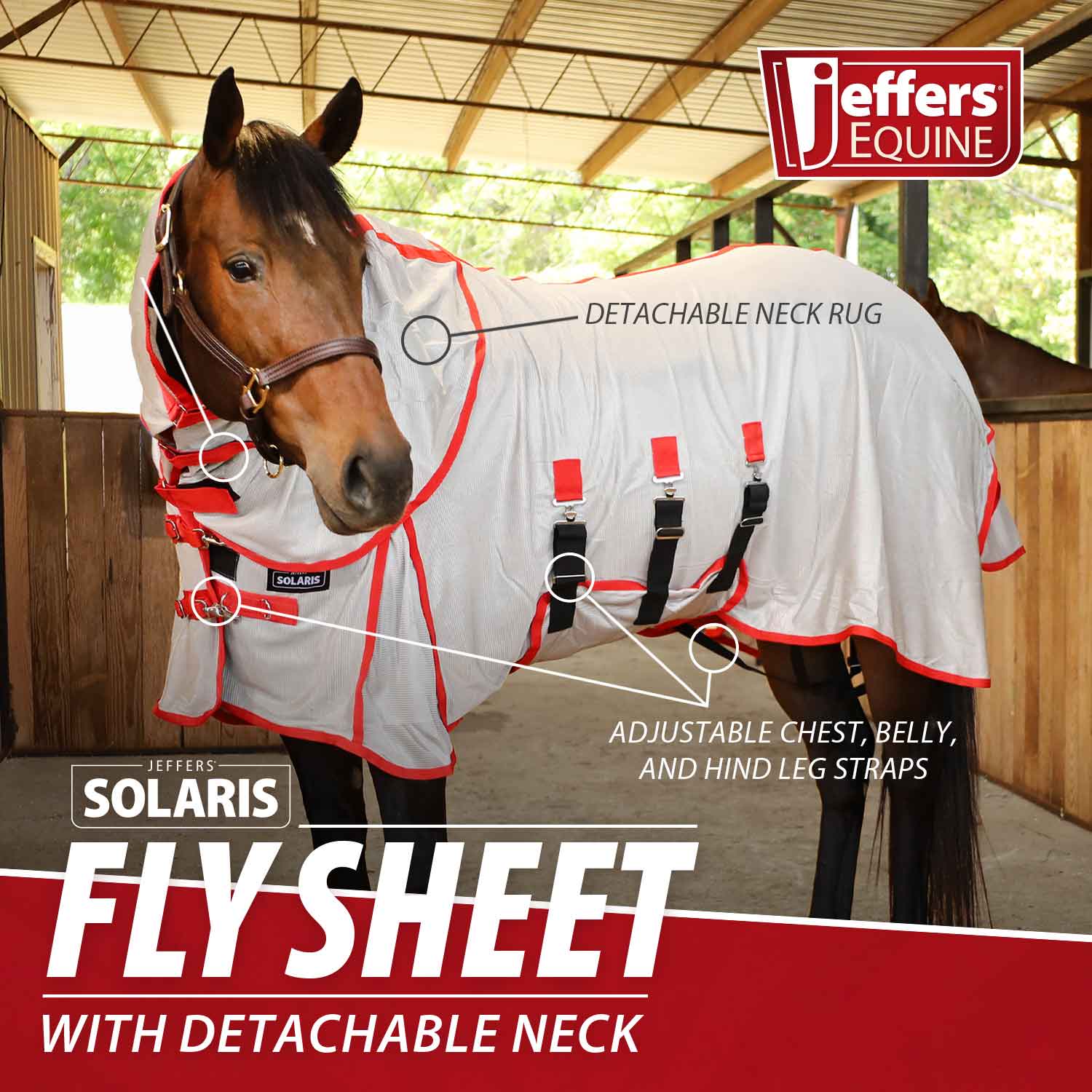 Jeffers Solaris Horse Fly Sheet with Detachable Neck, Grey & Red - Jeffers - Equiluxe Tack