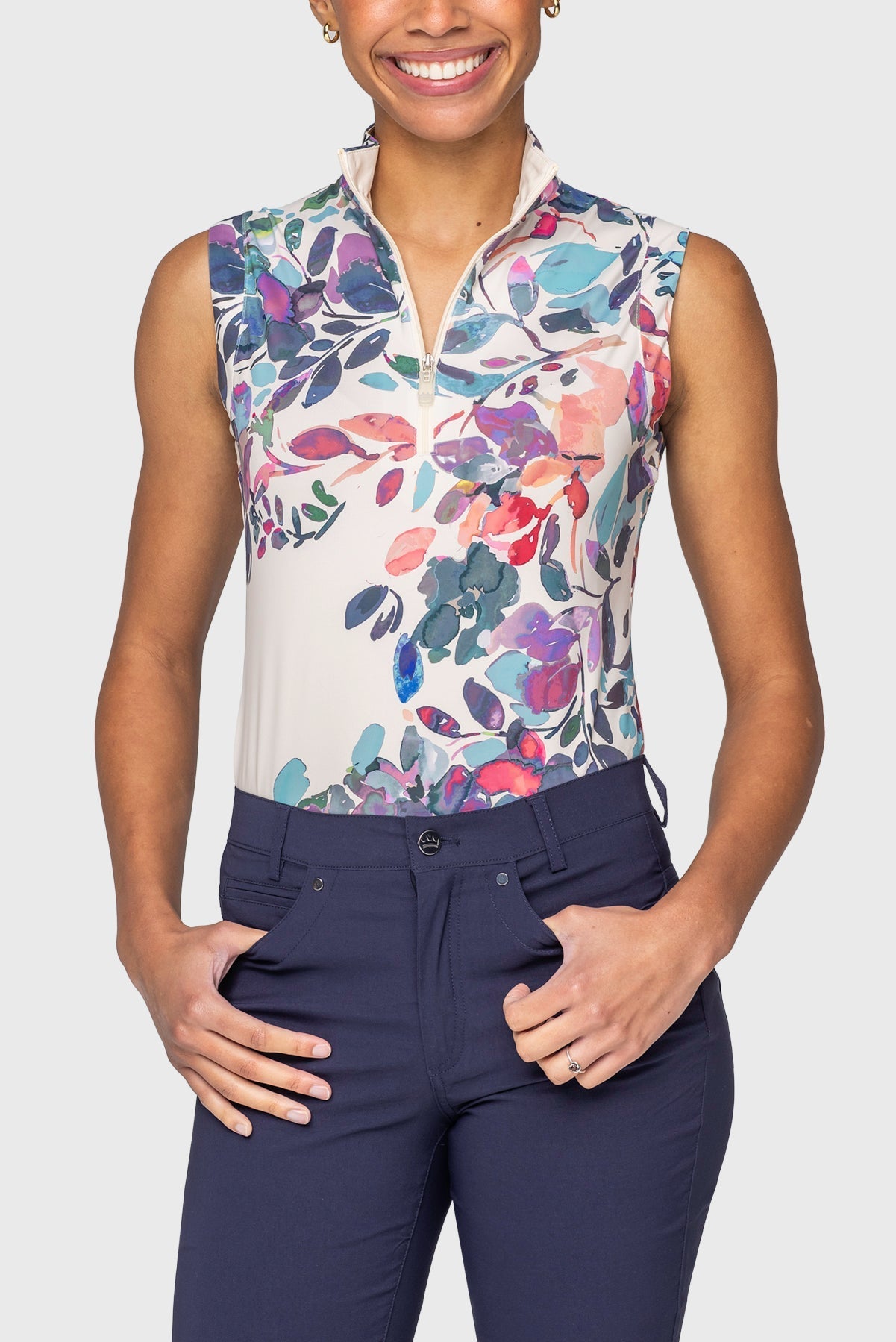 Kastel Denmark Amethyst Watercolor Floral Ruched Back Sleeveless 1/4 Zip Sun Shirt - Kastel Denmark - Equiluxe Tack