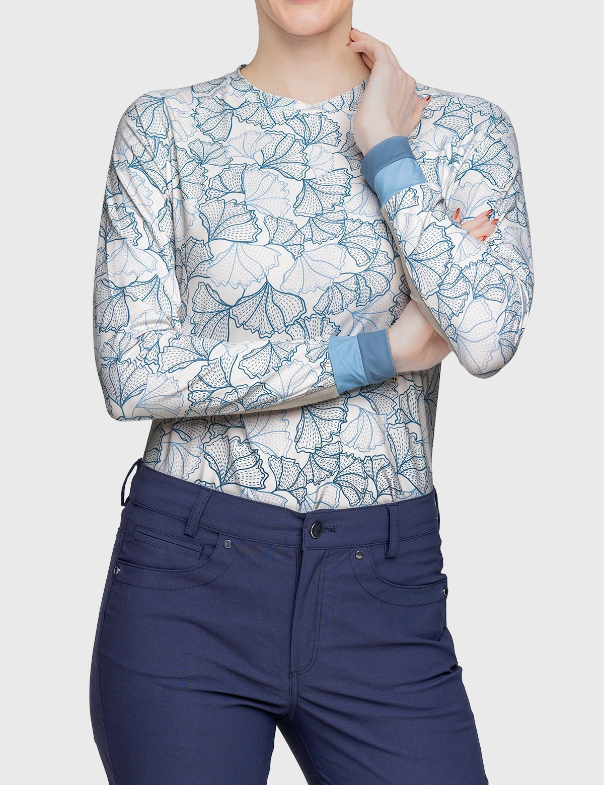 Kastel Denmark Chambray Blue Poppies Crewneck Long Sleeve Shirt w/Striped Cuff - Kastel Denmark - Equiluxe Tack