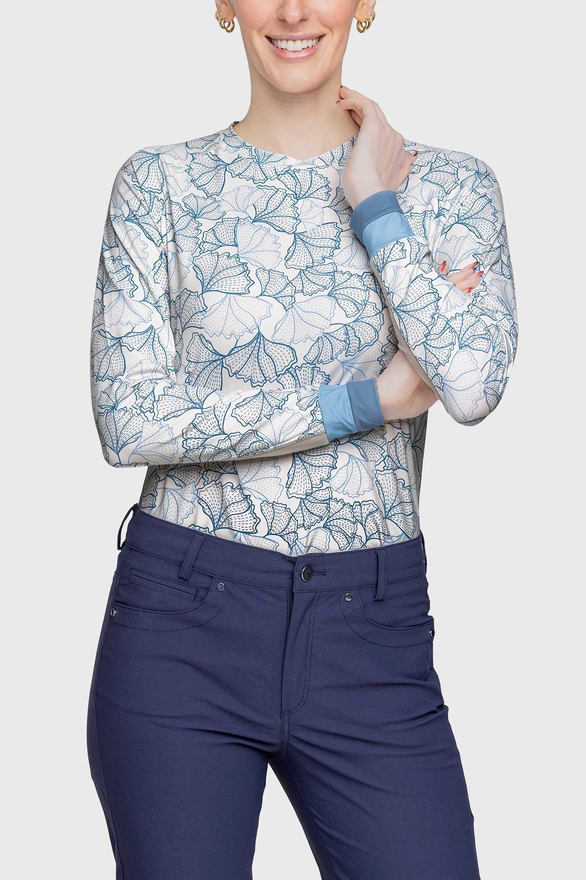 Kastel Denmark Chambray Blue Poppies Crewneck Long Sleeve Shirt w/Striped Cuff - Kastel Denmark - Equiluxe Tack