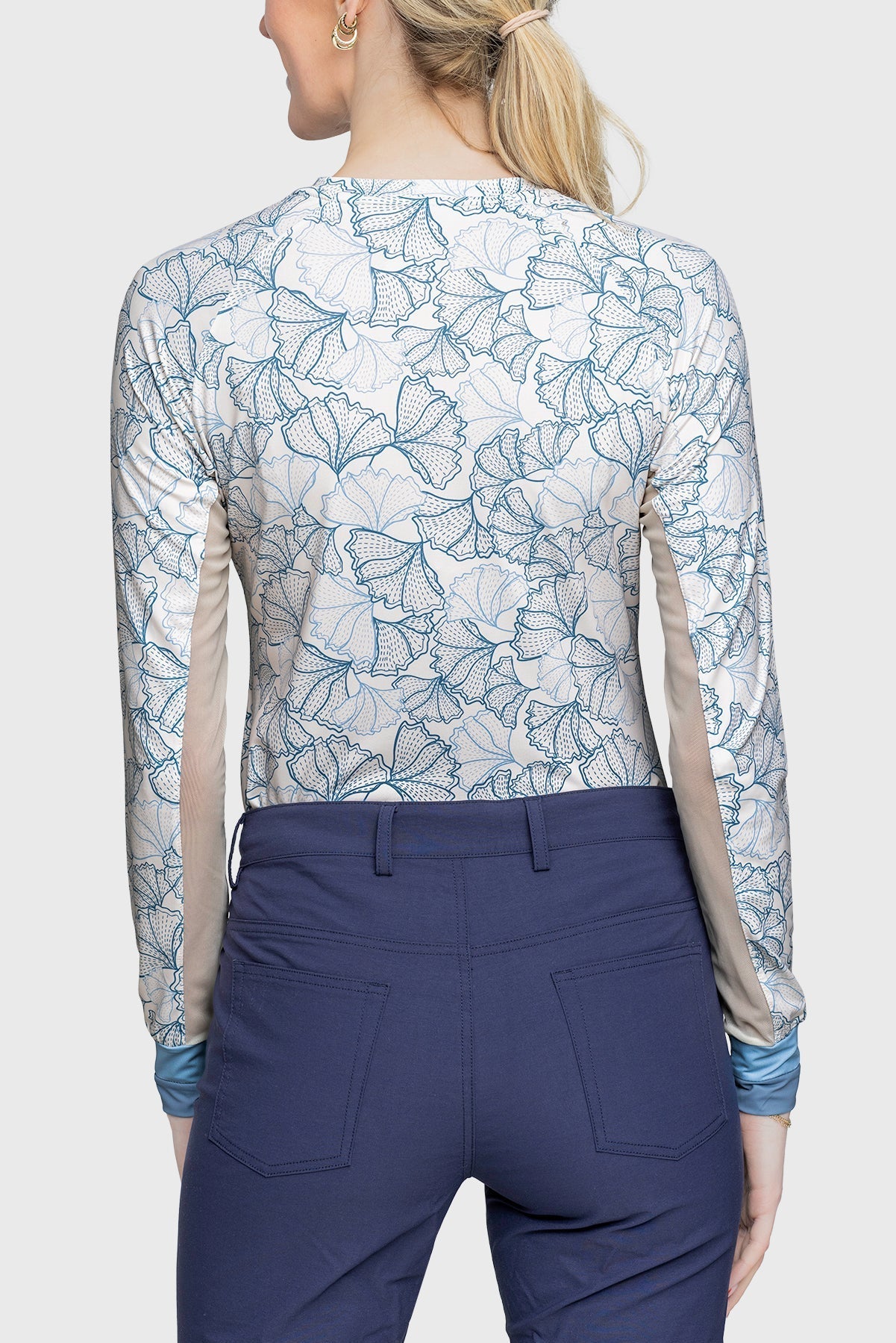Kastel Denmark Chambray Blue Poppies Crewneck Long Sleeve Shirt w/Striped Cuff - Kastel Denmark - Equiluxe Tack