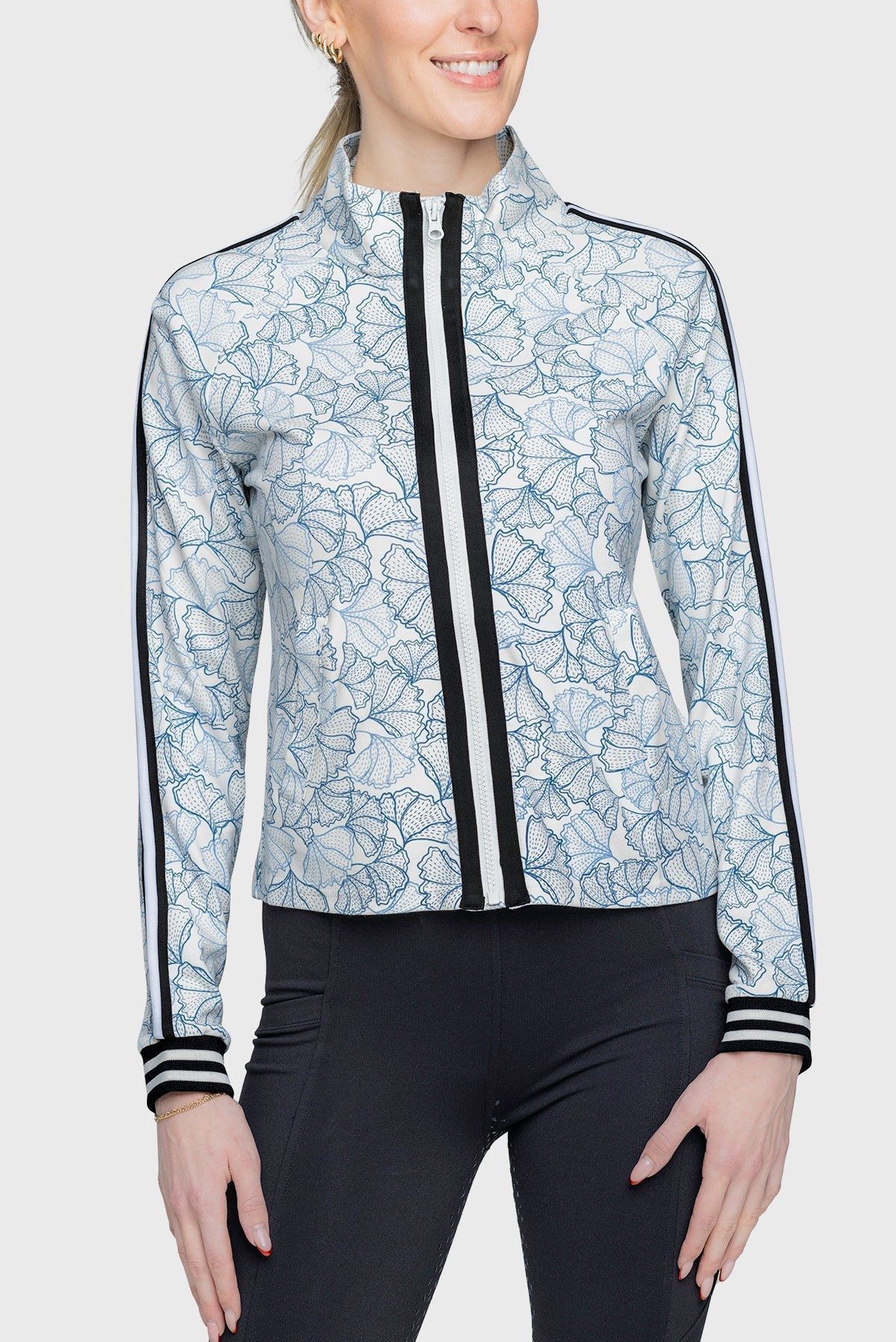 Kastel Denmark Chambray Blue Poppies Full Zip Track Jacket w/Striped Trim - Kastel Denmark - Equiluxe Tack
