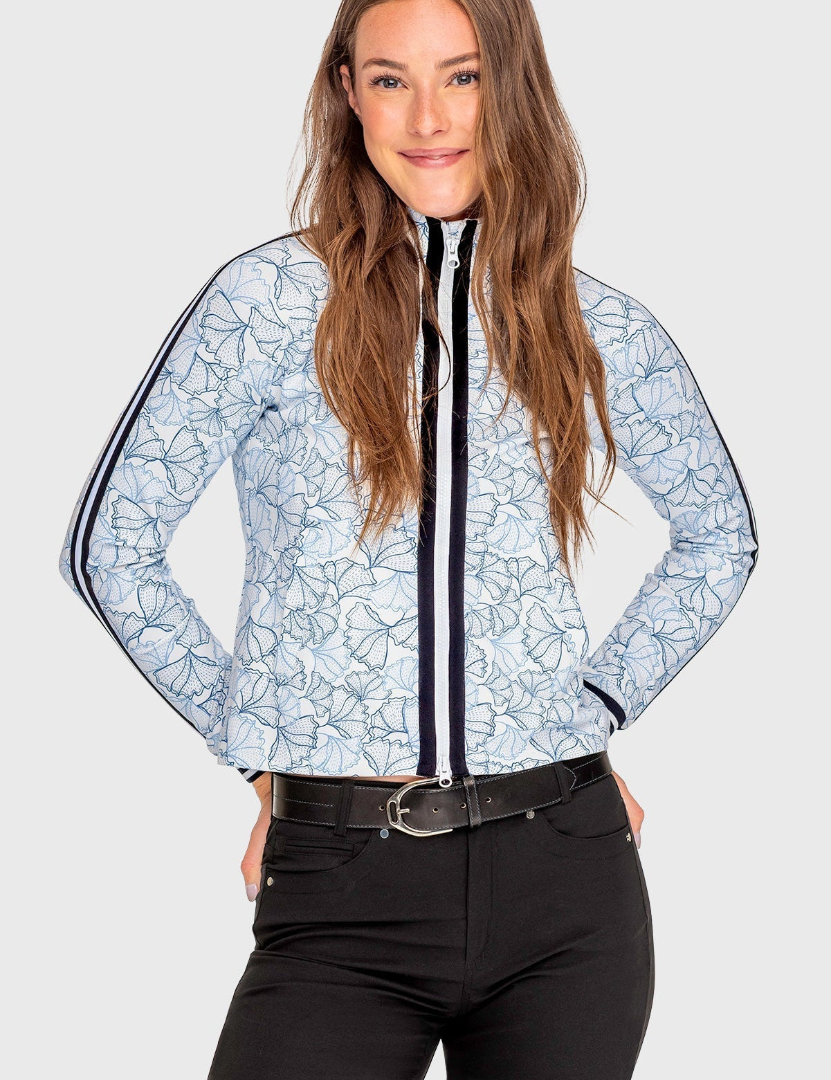 Kastel Denmark Chambray Blue Poppies Full Zip Track Jacket w/Striped Trim - Kastel Denmark - Equiluxe Tack