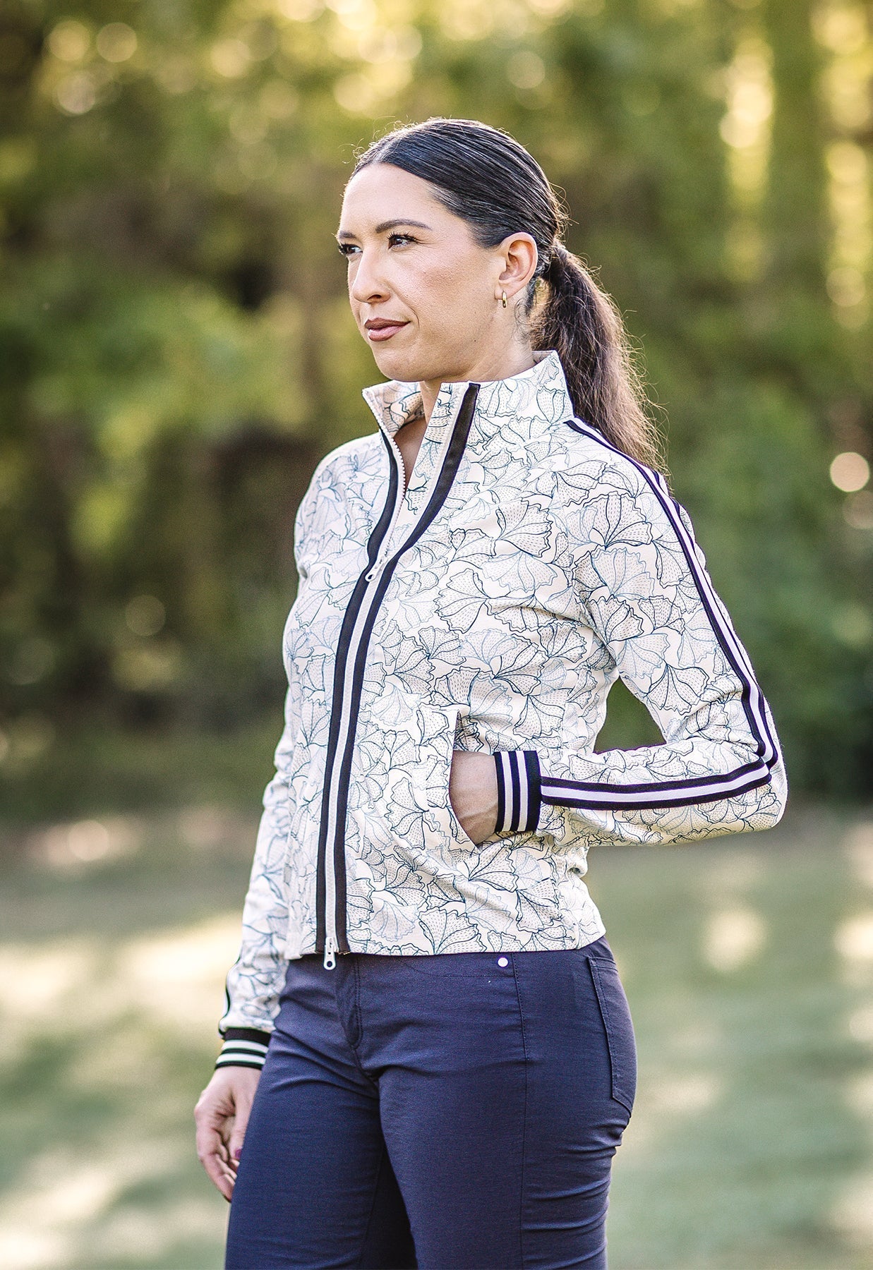 Kastel Denmark Chambray Blue Poppies Full Zip Track Jacket w/Striped Trim - Kastel Denmark - Equiluxe Tack