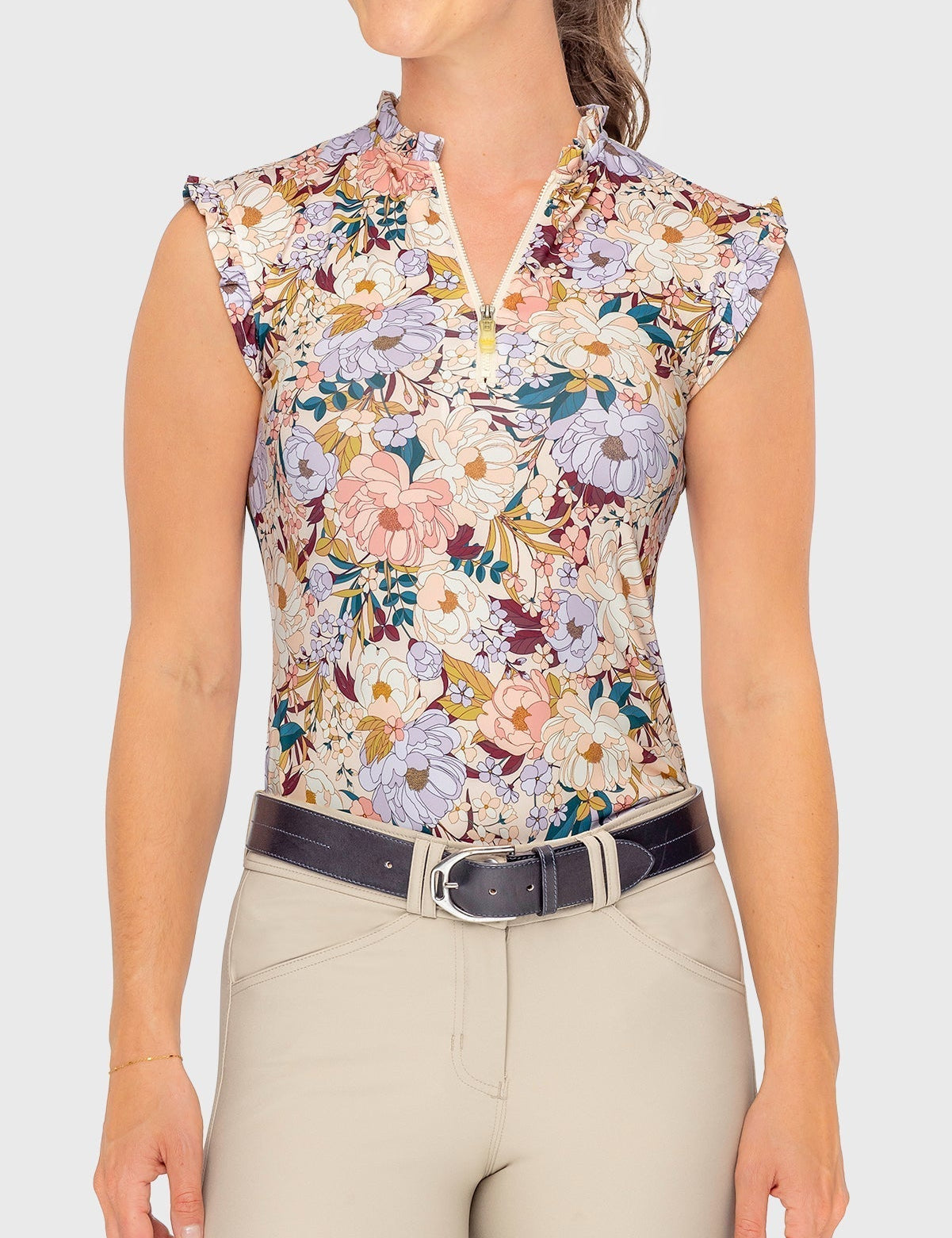 Kastel Denmark Champagne Blooming Peonies Ruffle 1/4 Zip Tank - Kastel Denmark - Equiluxe Tack