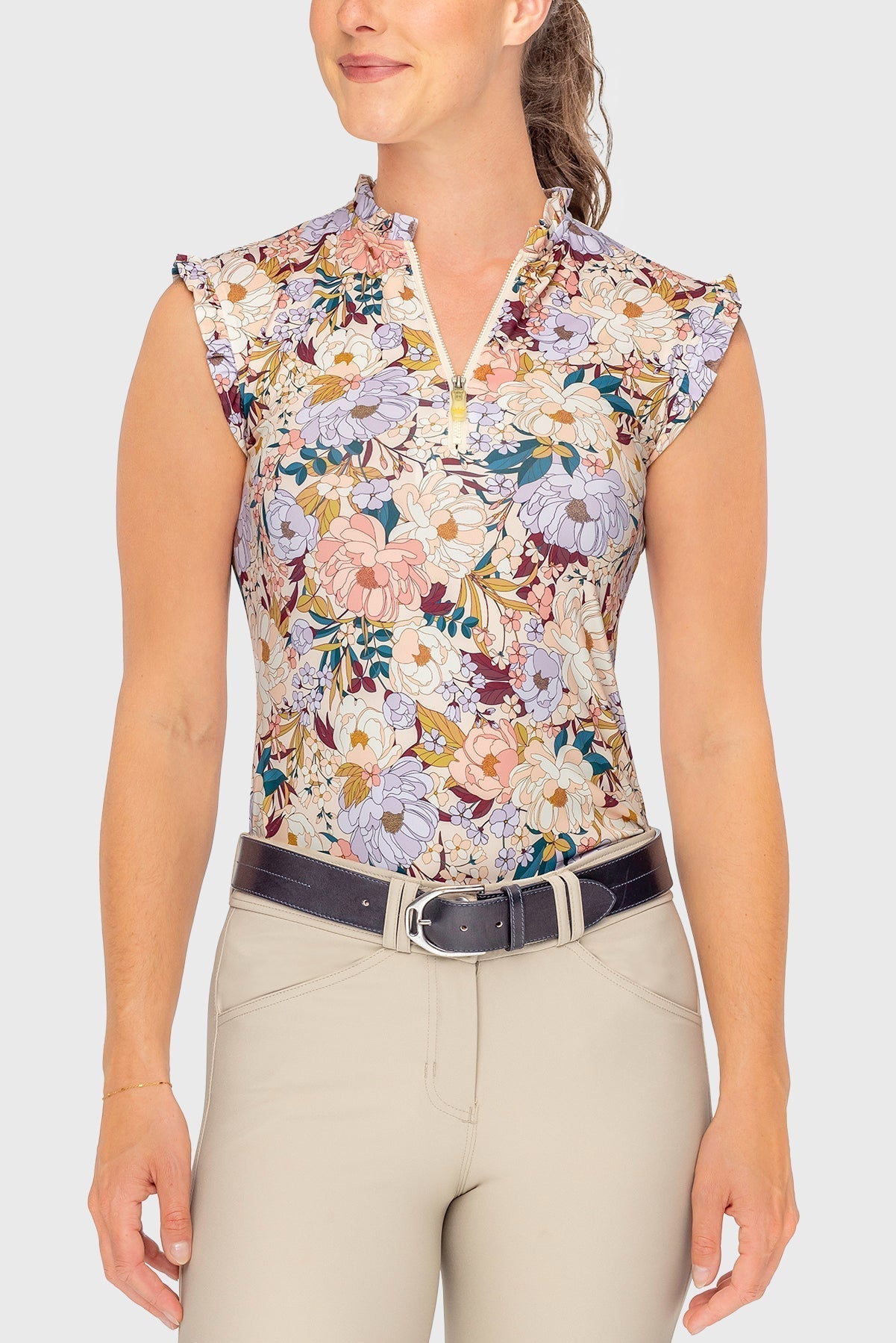 Kastel Denmark Champagne Blooming Peonies Ruffle 1/4 Zip Tank - Kastel Denmark - Equiluxe Tack