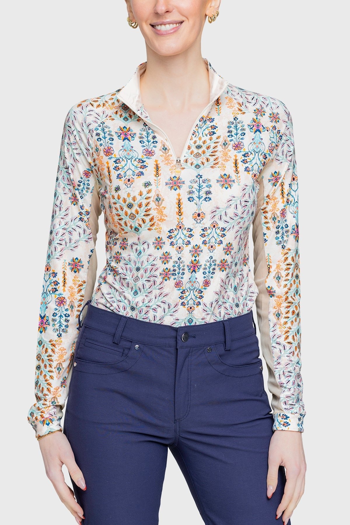 Kastel Denmark Coral Block Print Floral 1/4 Zip Long Sleeve Shirt - Kastel Denmark - Equiluxe Tack