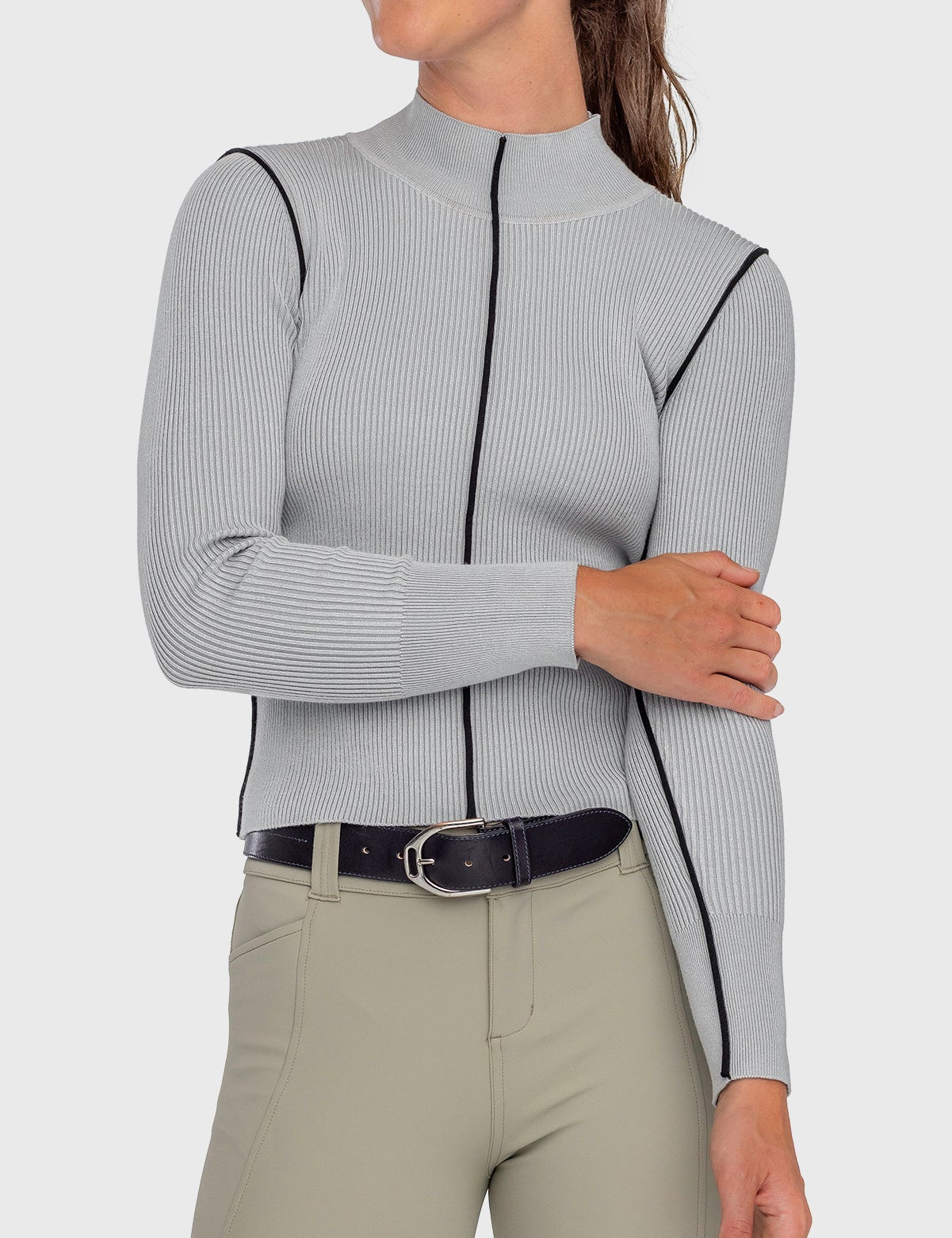 Kastel Denmark Dove Gray Ribbed Mock Neck Sweater with Black Piping - Kastel Denmark - Equiluxe Tack