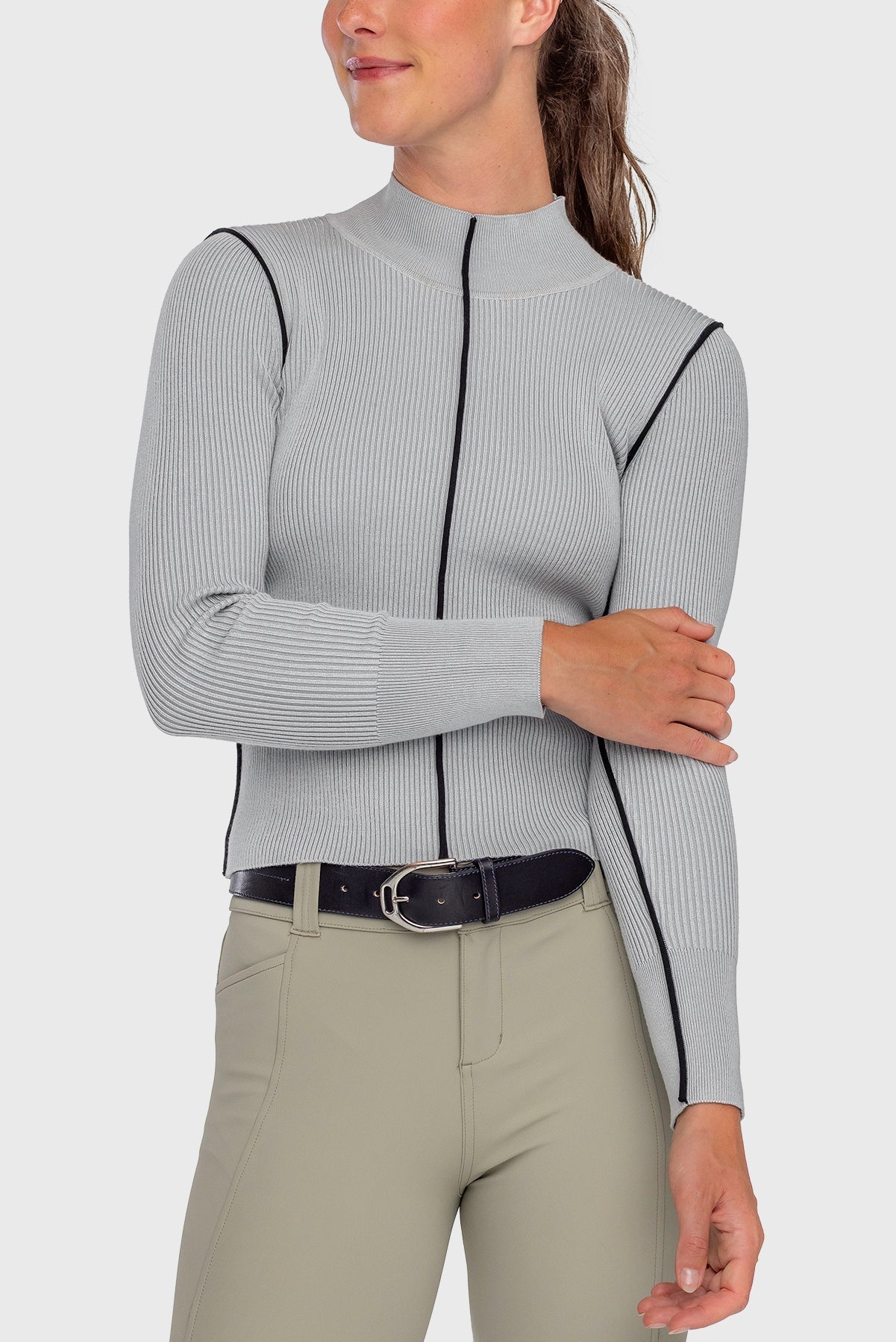 Kastel Denmark Dove Gray Ribbed Mock Neck Sweater with Black Piping - Kastel Denmark - Equiluxe Tack
