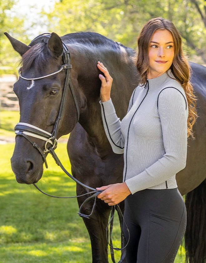 Kastel Denmark Dove Gray Ribbed Mock Neck Sweater with Black Piping - Kastel Denmark - Equiluxe Tack