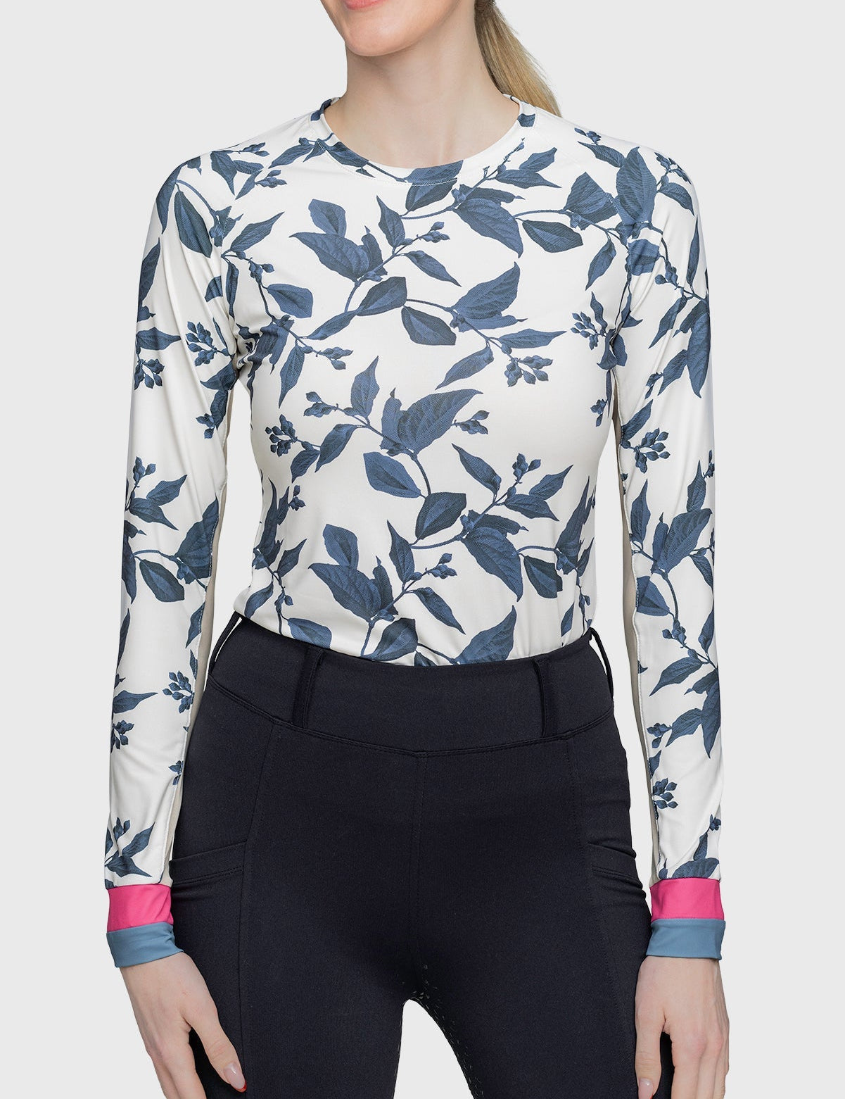 Kastel Denmark Indigo Lithograph Leaf Long Sleeve Crewneck Shirt w/Striped Cuff - Kastel Denmark - Equiluxe Tack