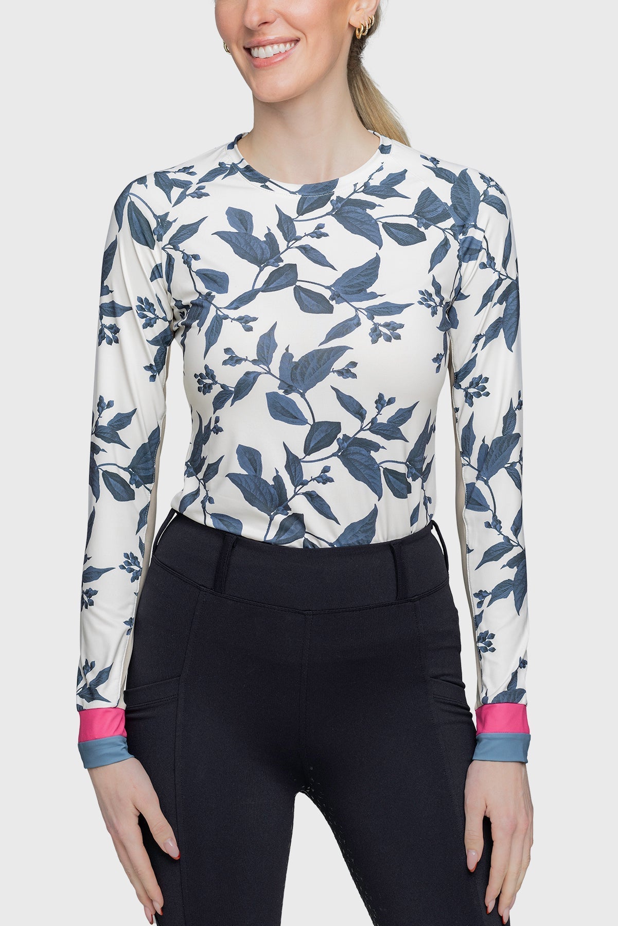 Kastel Denmark Indigo Lithograph Leaf Long Sleeve Crewneck Shirt w/Striped Cuff - Kastel Denmark - Equiluxe Tack
