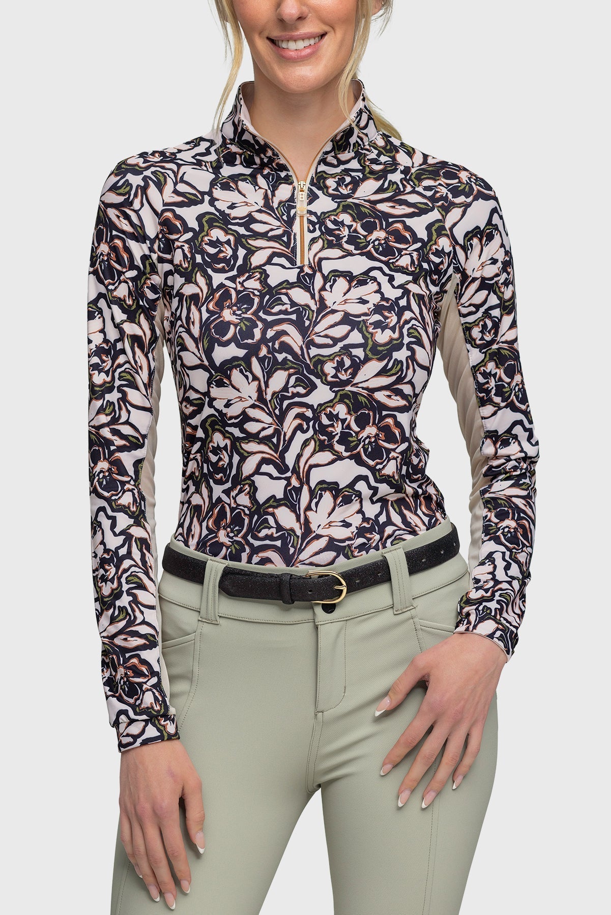 Kastel Denmark Long Sleeve Cream & Black Floral With Rose Gold 1/4 Zip - Kastel Denmark - Equiluxe Tack