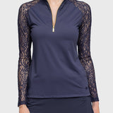 Kastel Denmark Long Sleeve Navy Floral Lace Raglan With Gold 1/4 Zip - Kastel Denmark - Equiluxe Tack