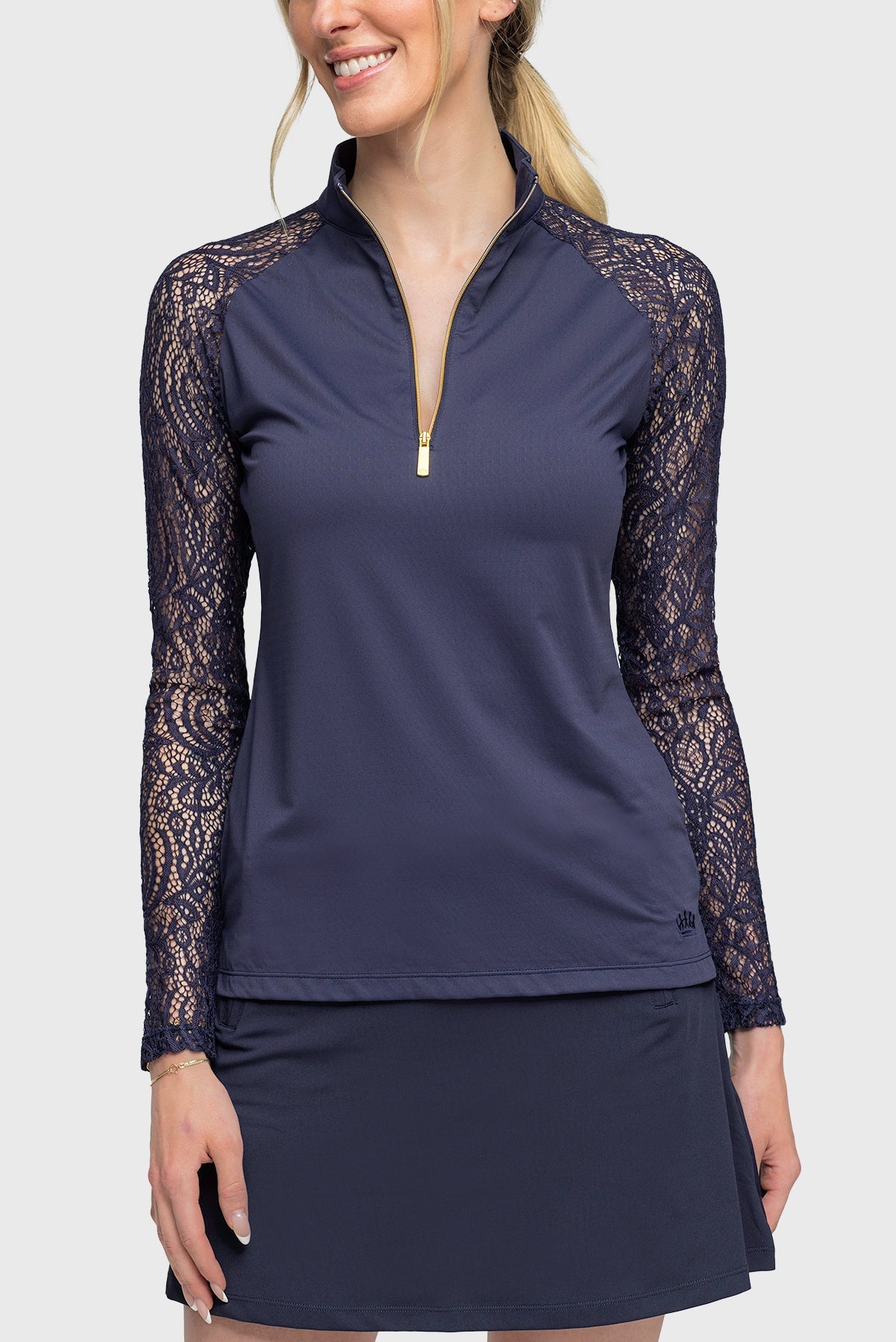 Kastel Denmark Long Sleeve Navy Floral Lace Raglan With Gold 1/4 Zip - Kastel Denmark - Equiluxe Tack