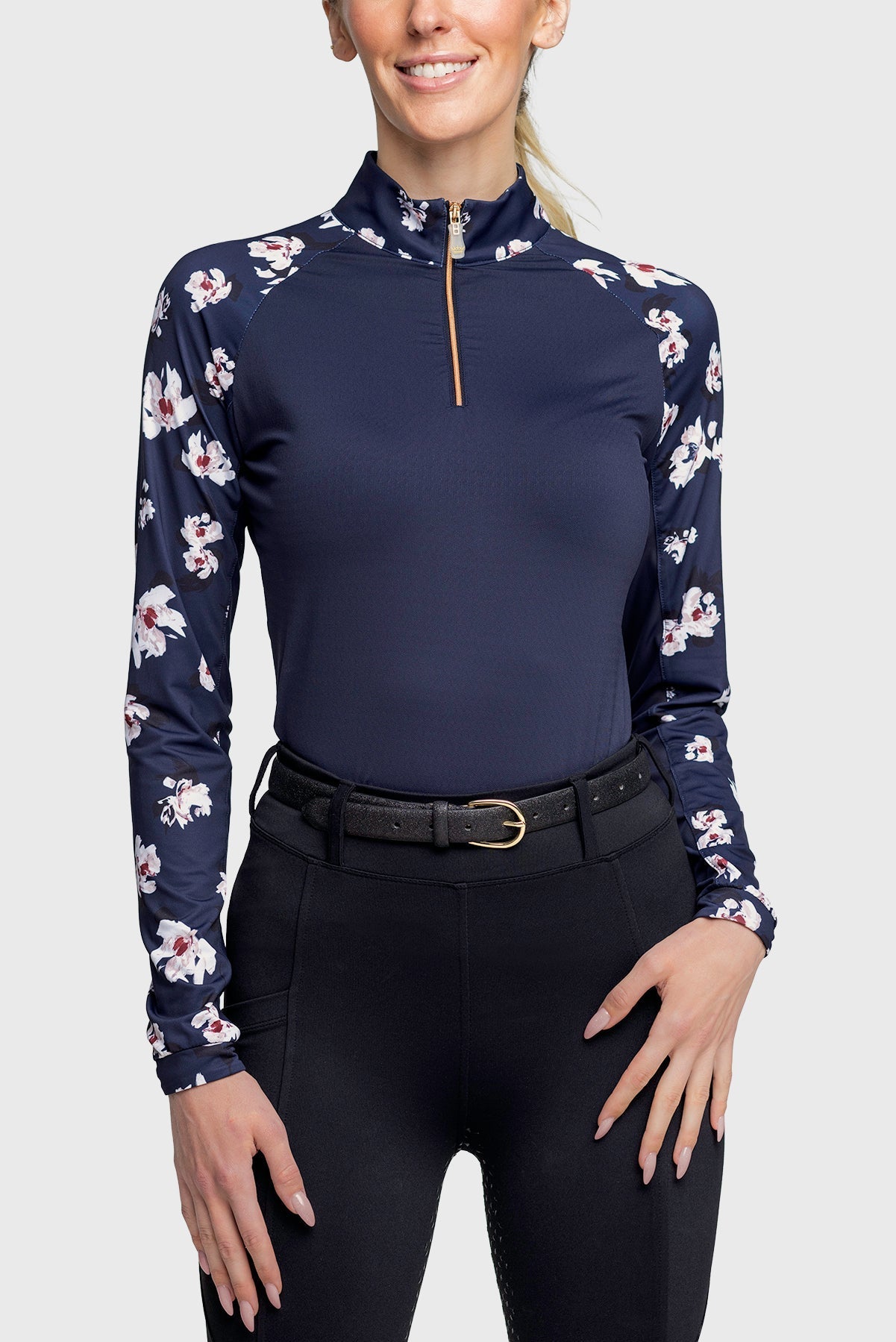 Kastel Denmark Long Sleeve Raglan Navy Floral With Gold 1/4 Zip - Kastel Denmark - Equiluxe Tack